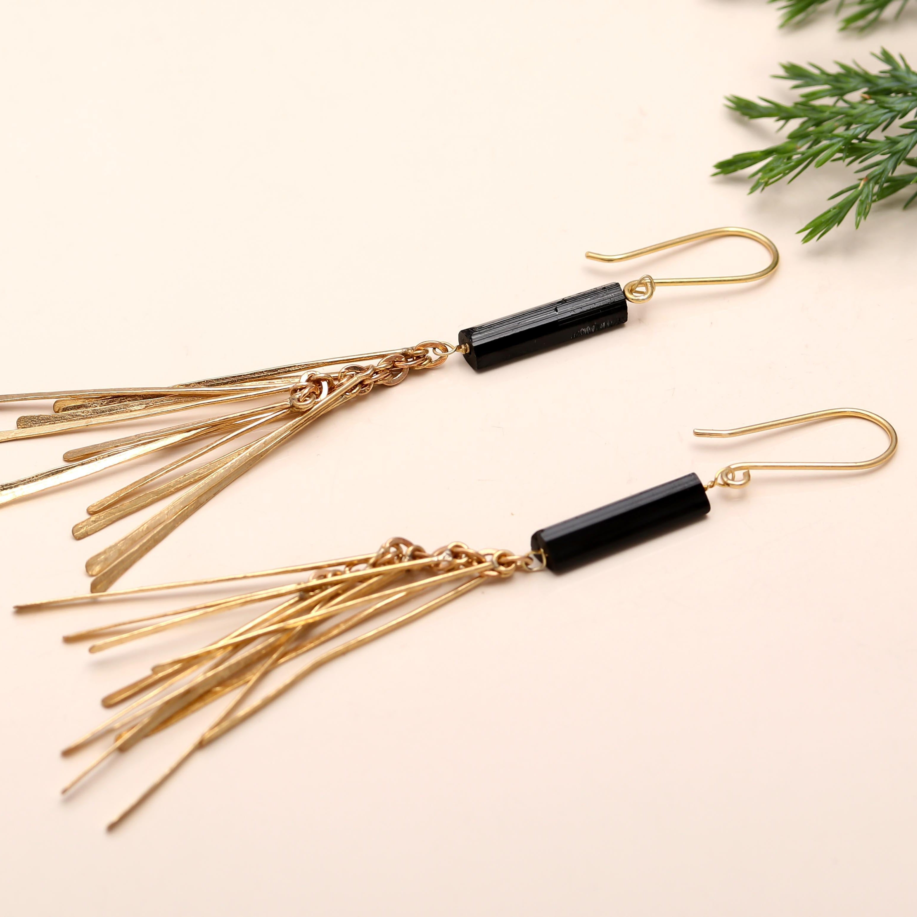 The Midnight Ray: Black Tourmaline Gold Fringe Earrings