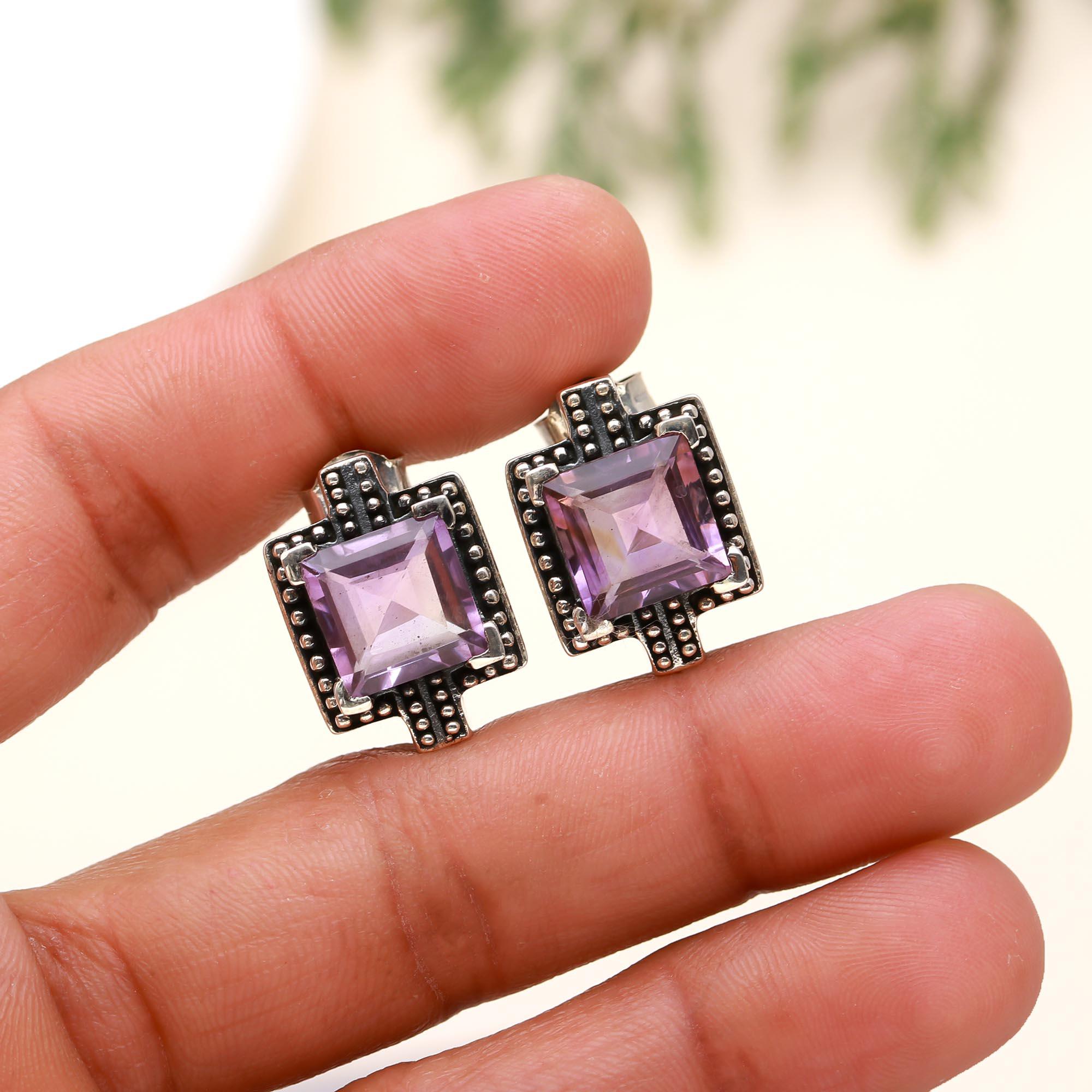 925 Sterling Silver Cushion Purple CZ Faceted Amethyst Stud Earrings