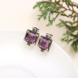 925 Sterling Silver Cushion Purple CZ Faceted Amethyst Stud Earrings