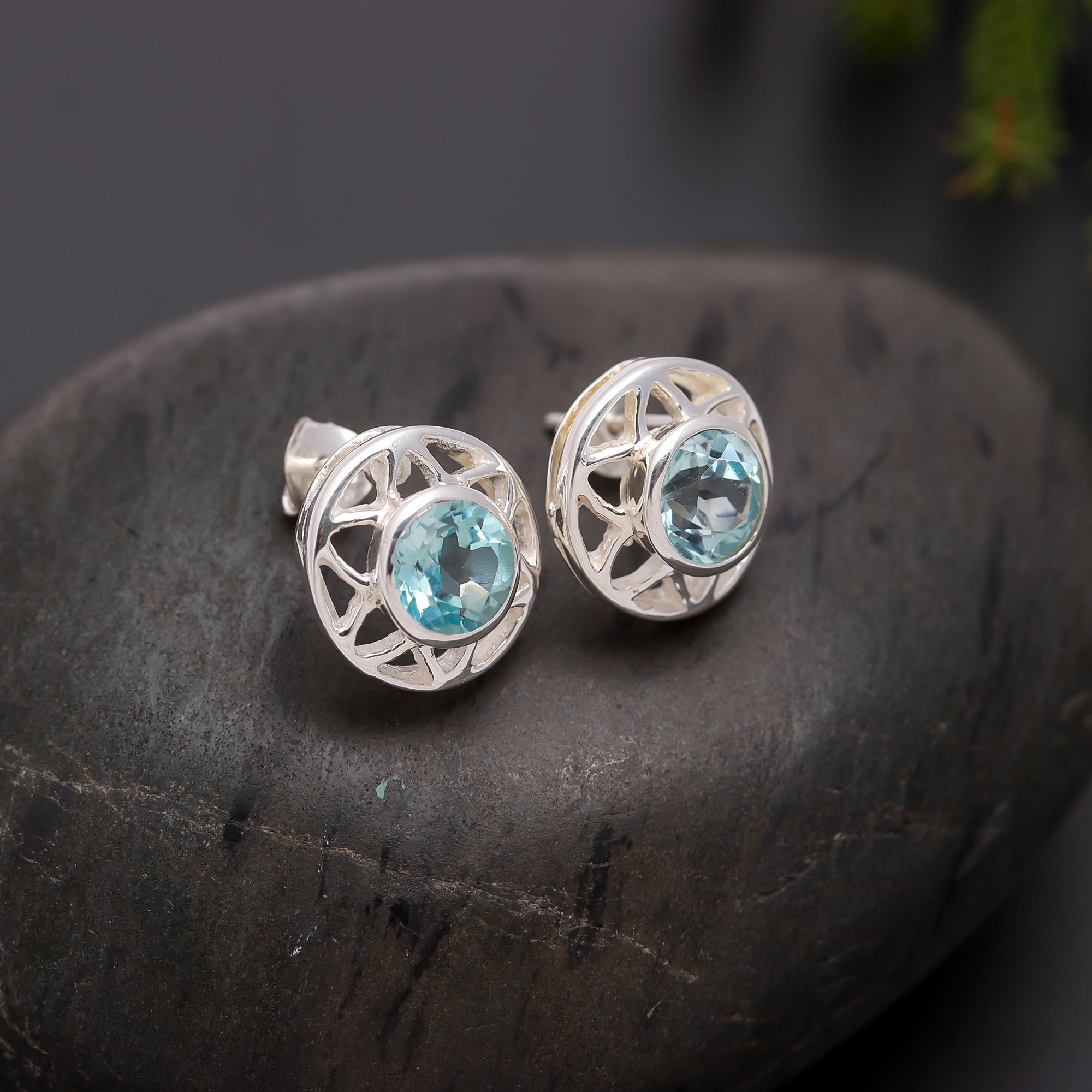 925 Silver Blue Topaz Filigree Stud Earrings