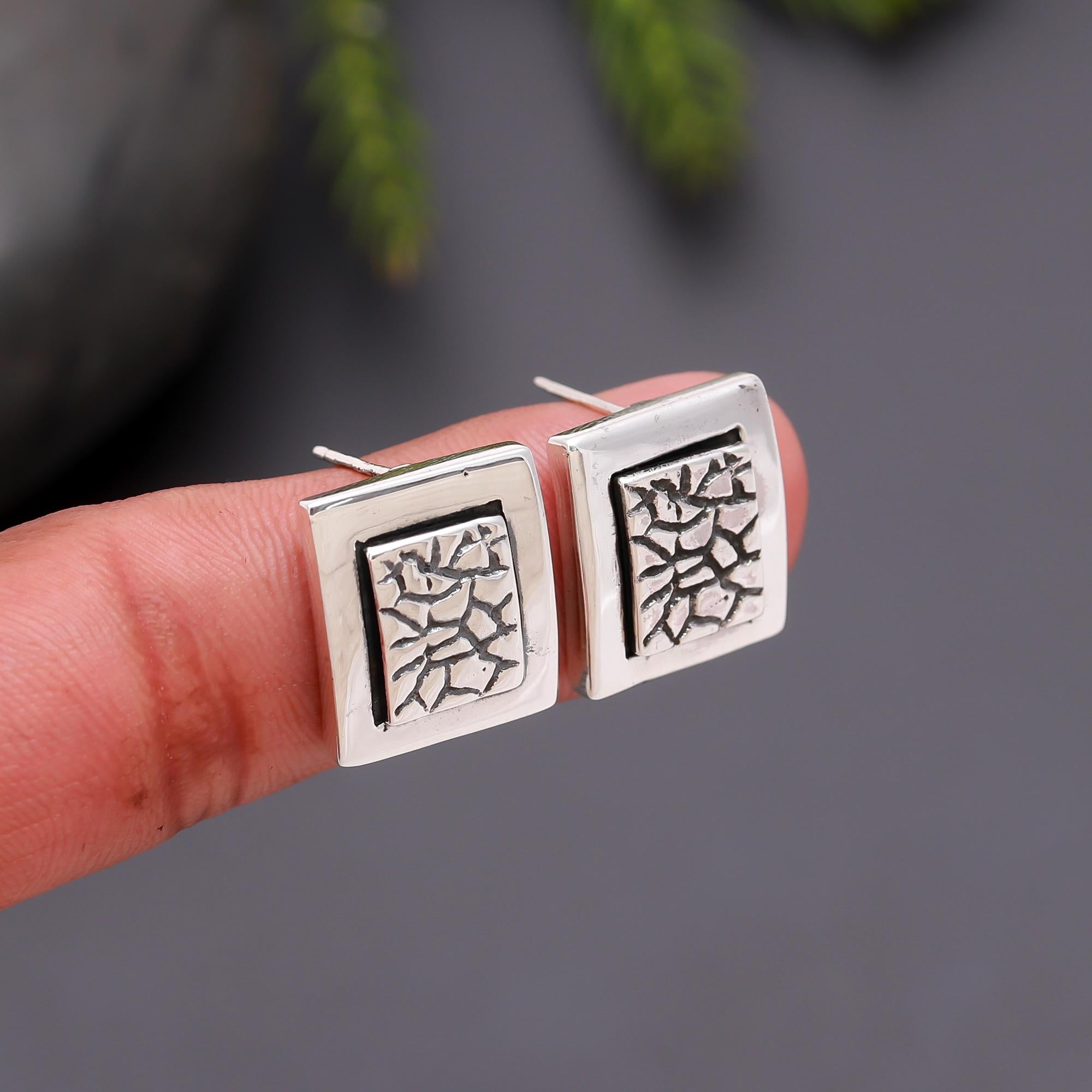 925 Silver Textured Square Stud Earrings