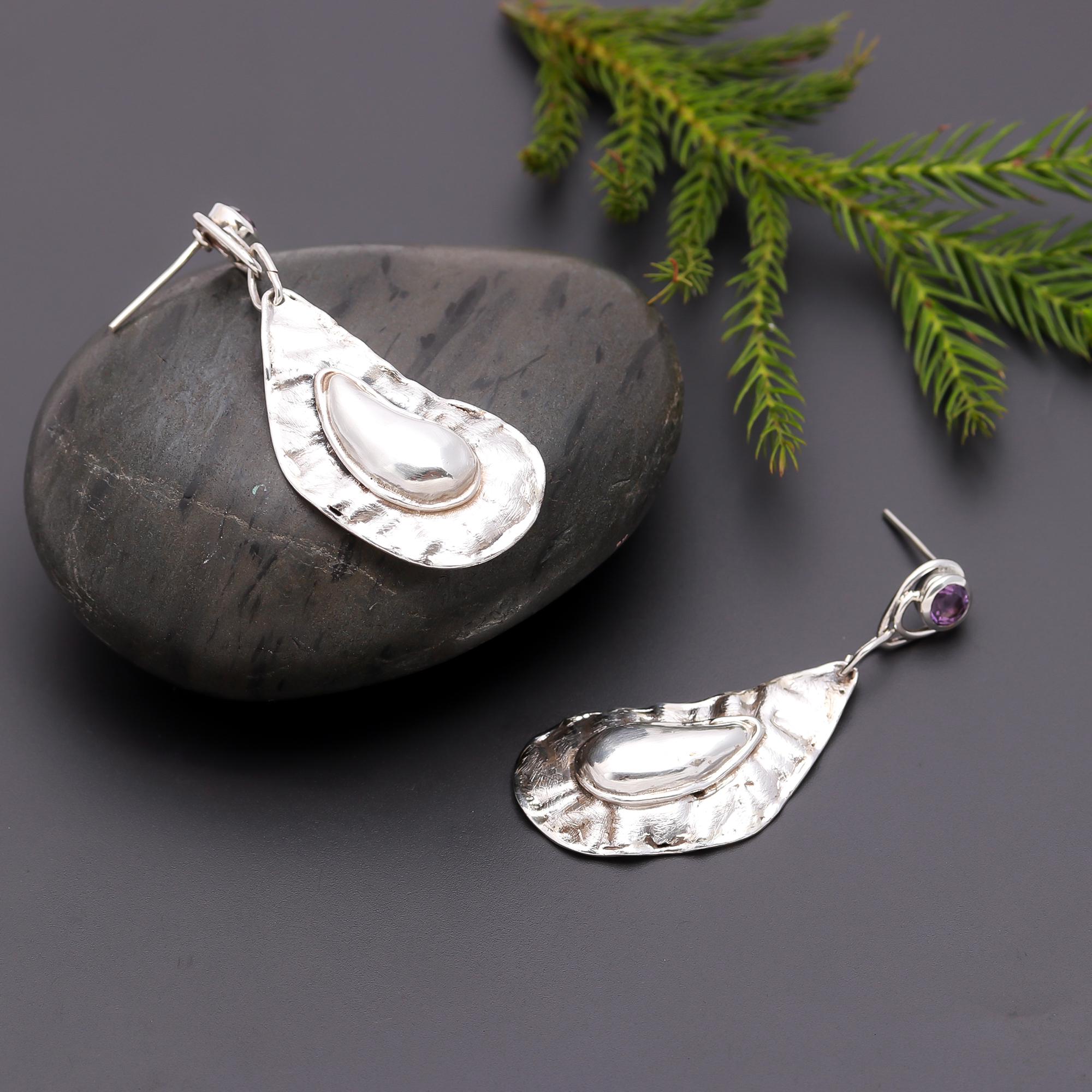 925 Silver Amethyst and Textured Abstract Drop Earrings