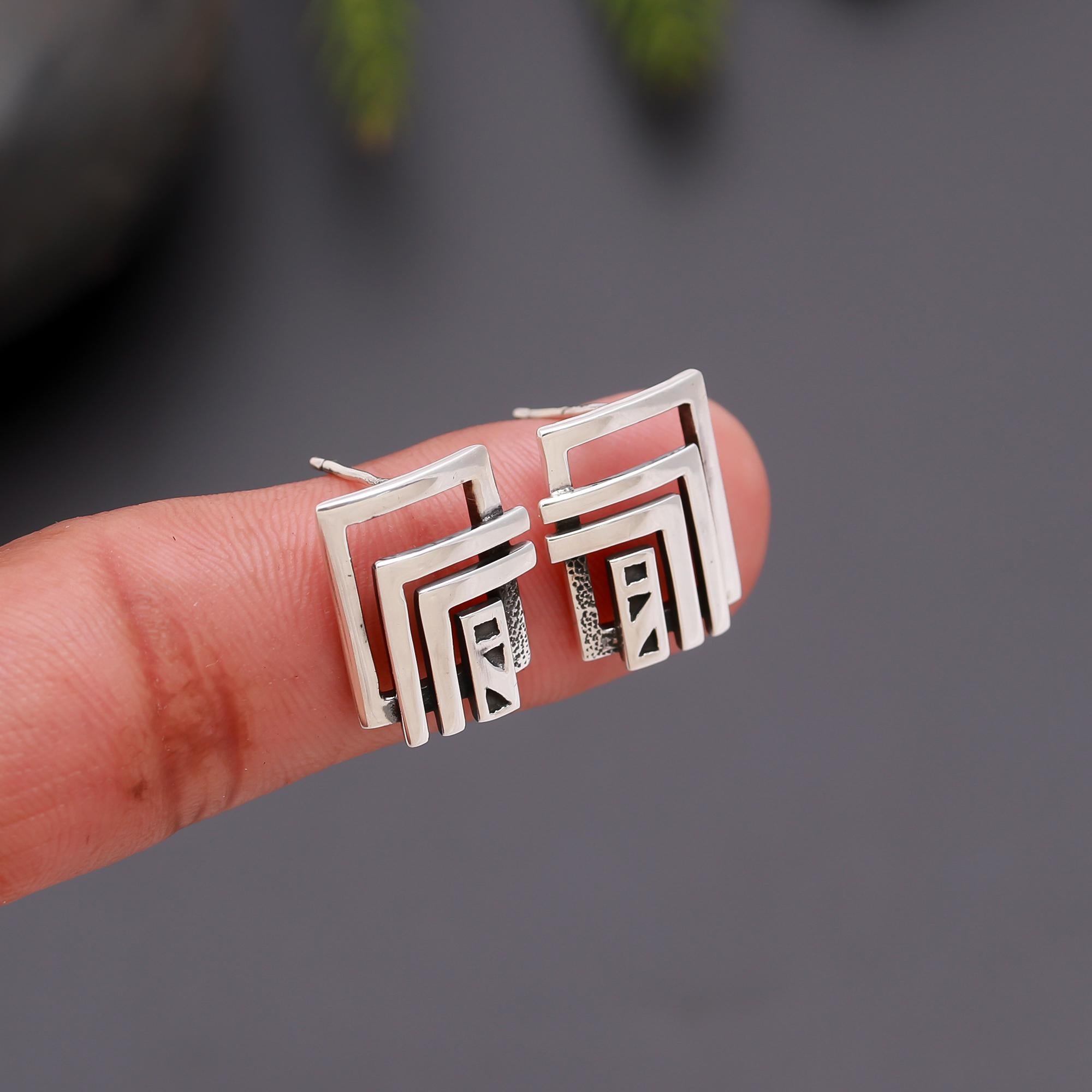 925 Silver Square Design Stud Earrings