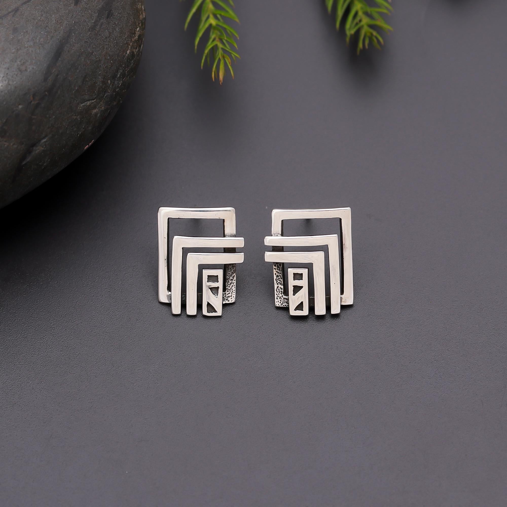 925 Silver Square Design Stud Earrings