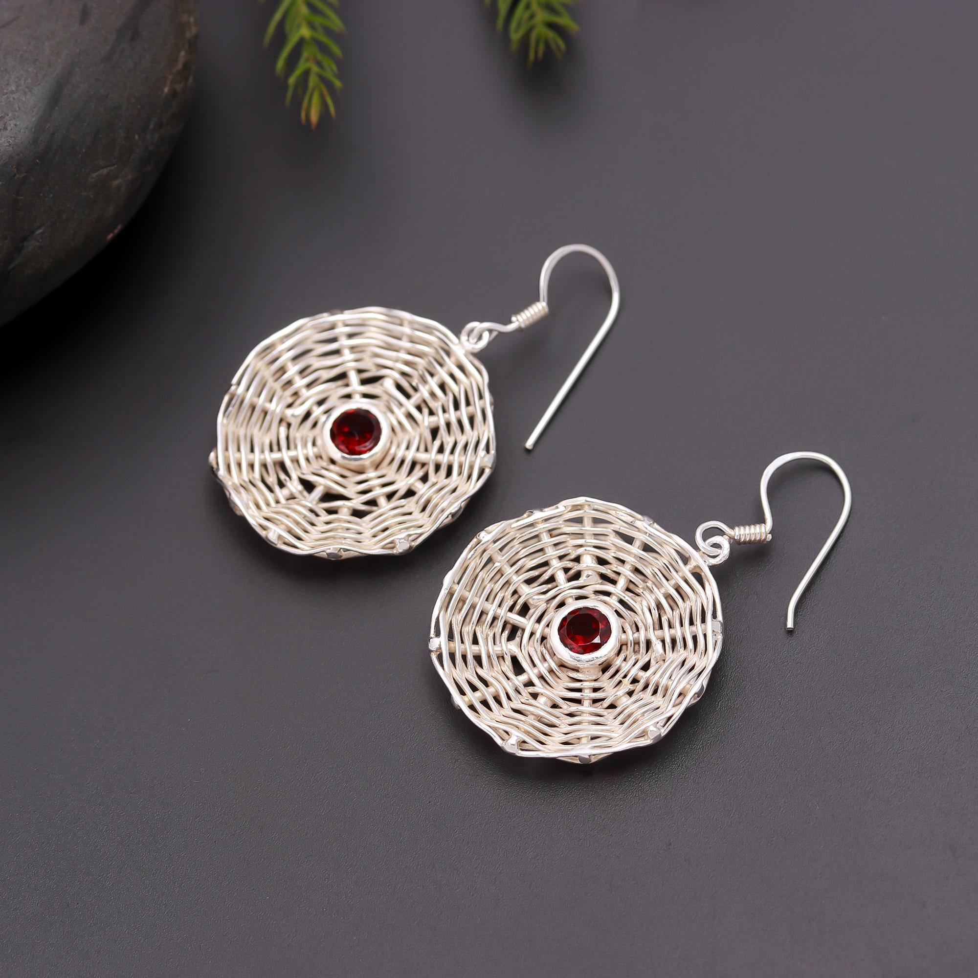 925 Silver Woven Disc Garnet Dangle Earrings