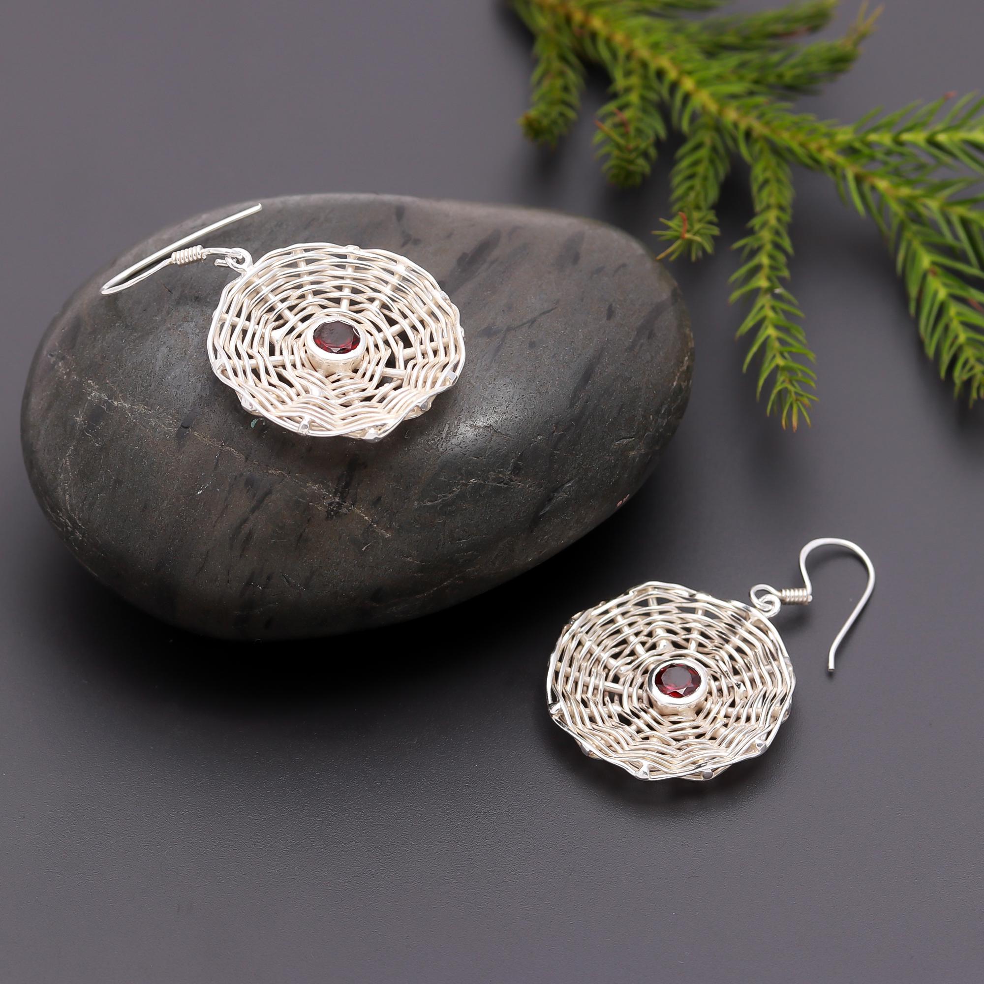 925 Silver Woven Disc Garnet Dangle Earrings