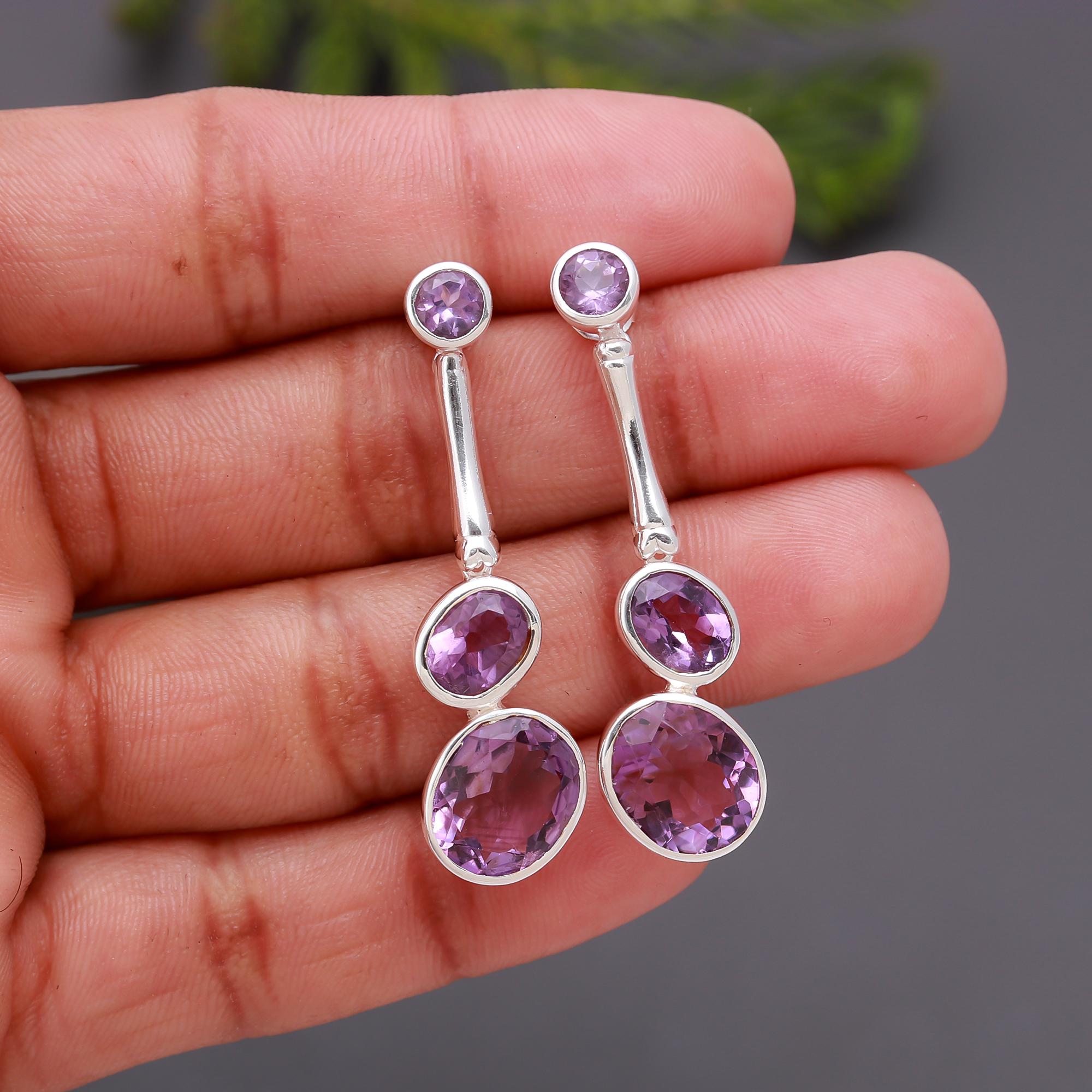 925 Silver Multi Oval Amethyst Drop Earrings