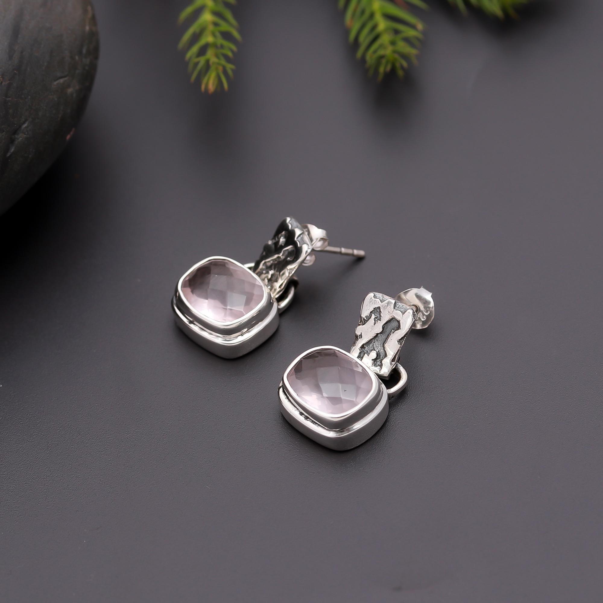 925 Silver Textured Top Rose Quartz Drop Earrings