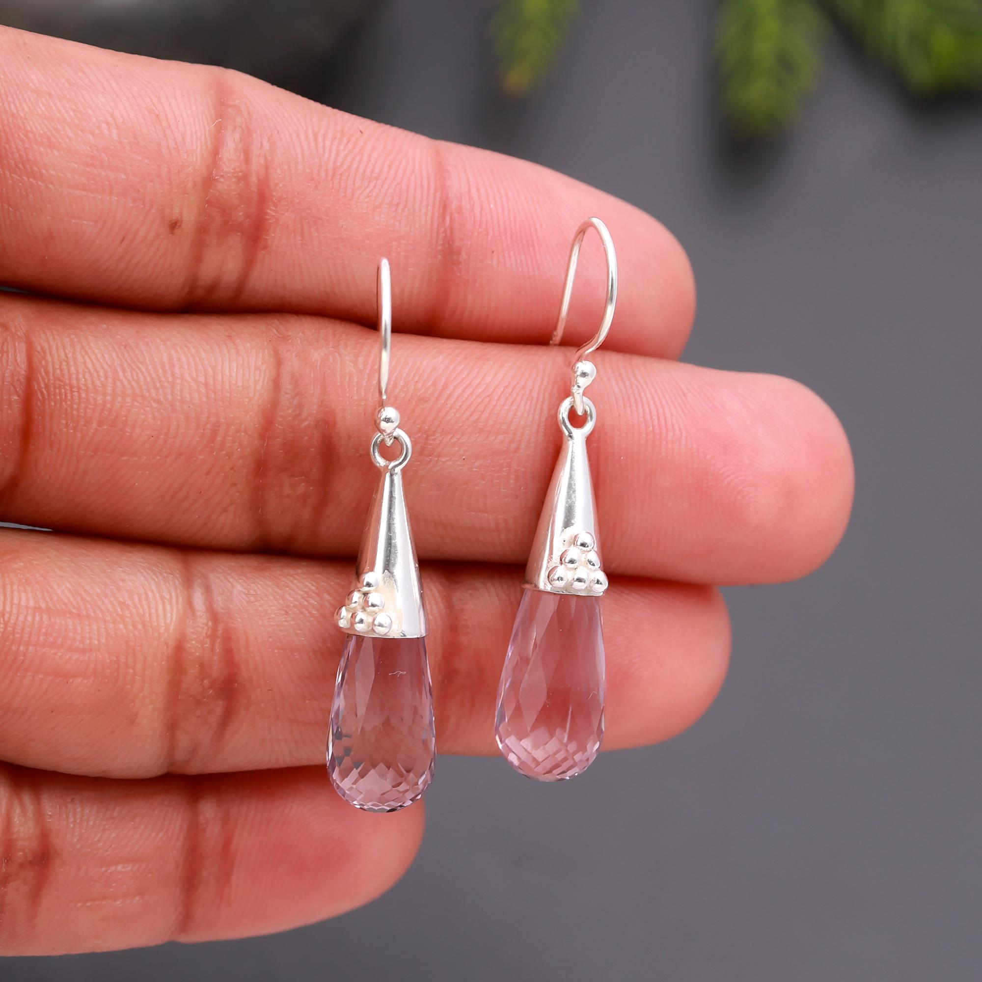 925 Silver Faceted Amethyst Teardrop Dangle Earrings