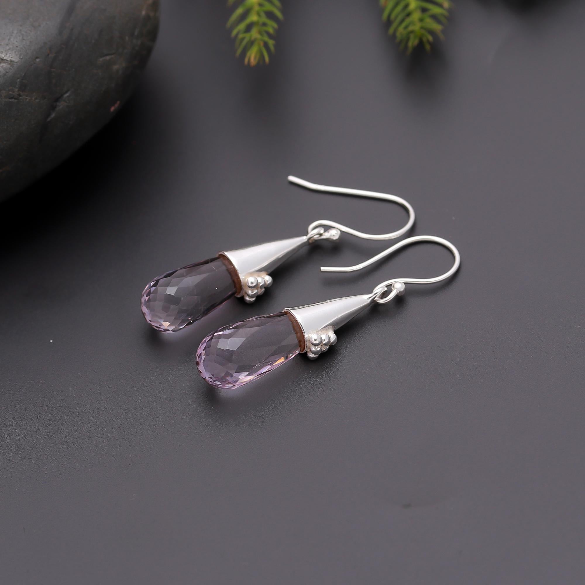925 Silver Faceted Amethyst Teardrop Dangle Earrings