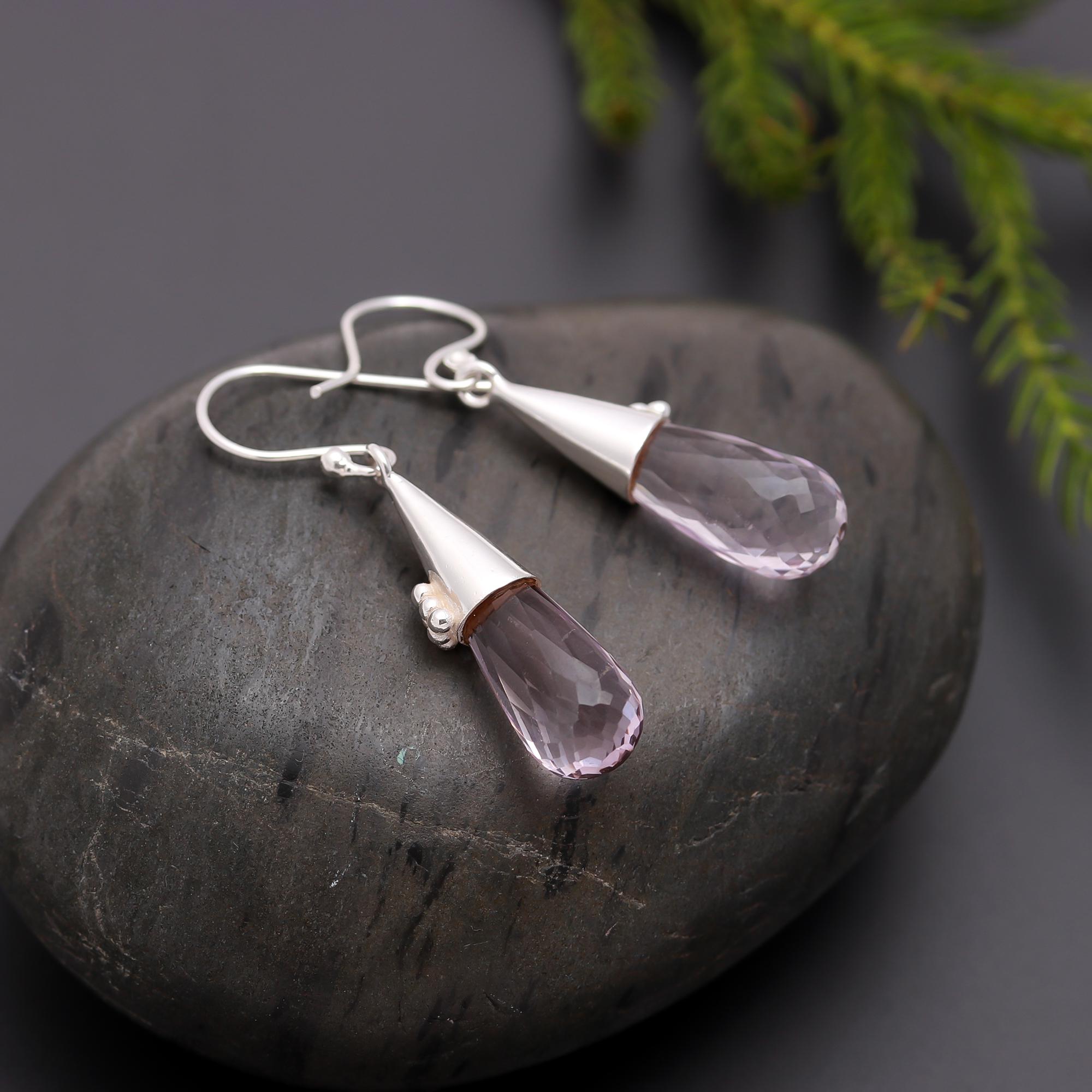 925 Silver Faceted Amethyst Teardrop Dangle Earrings