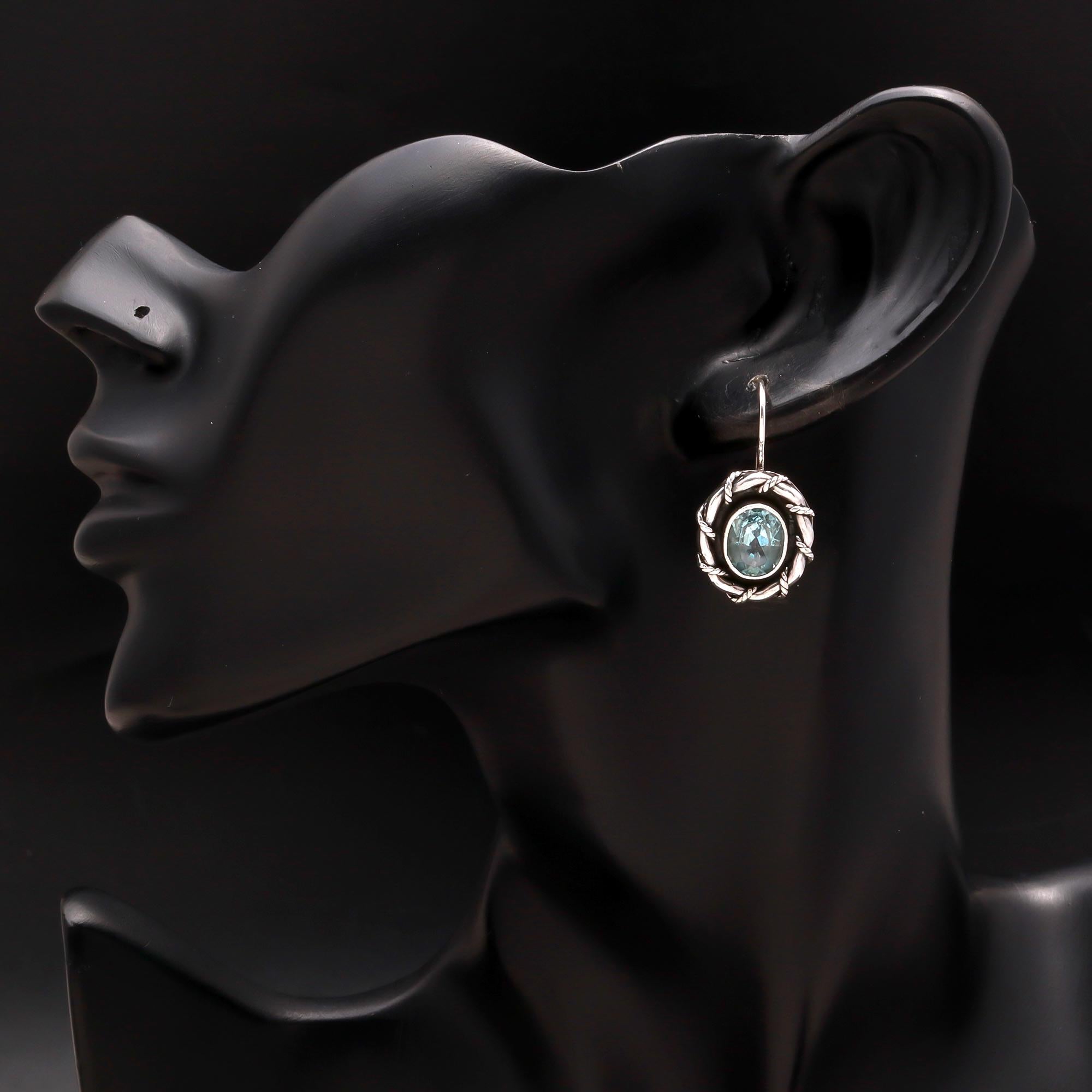 925 Silver Aquamarine Rope Frame Dangle Earrings