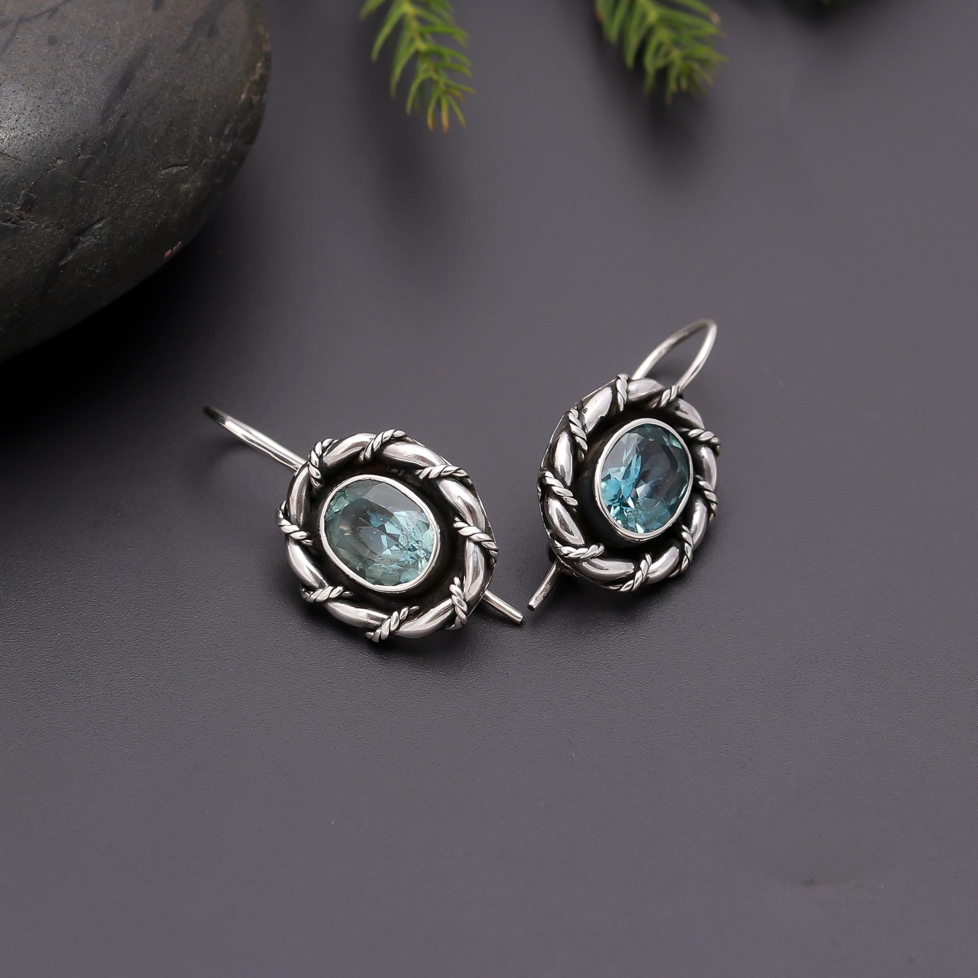 925 Silver Aquamarine Rope Frame Dangle Earrings