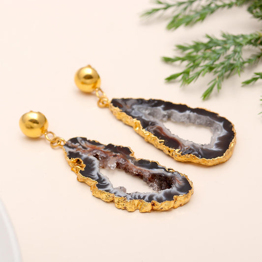 Hypoallergenic Brass Tobacco Geode Slice Agate Drusy Drop Earrings