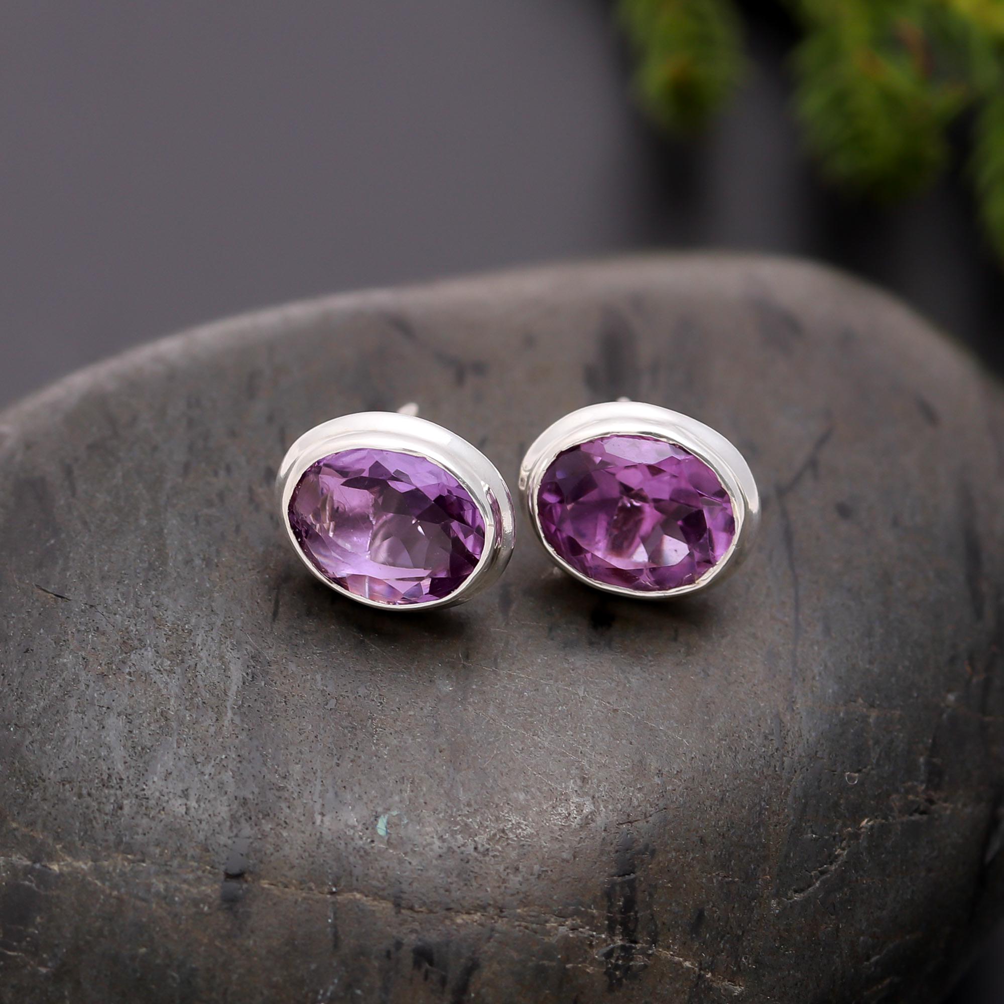 925 Silver Oval Amethyst Stud Earrings