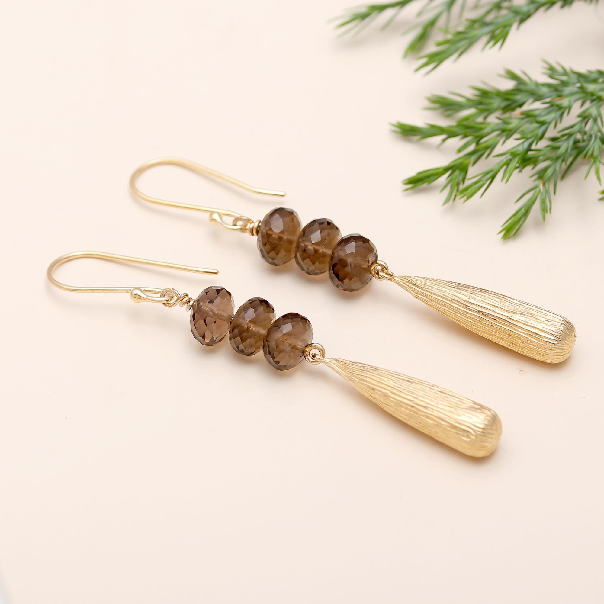 Hypoallergenic Brass Drop Earrings Smoky Quartz & Topaz