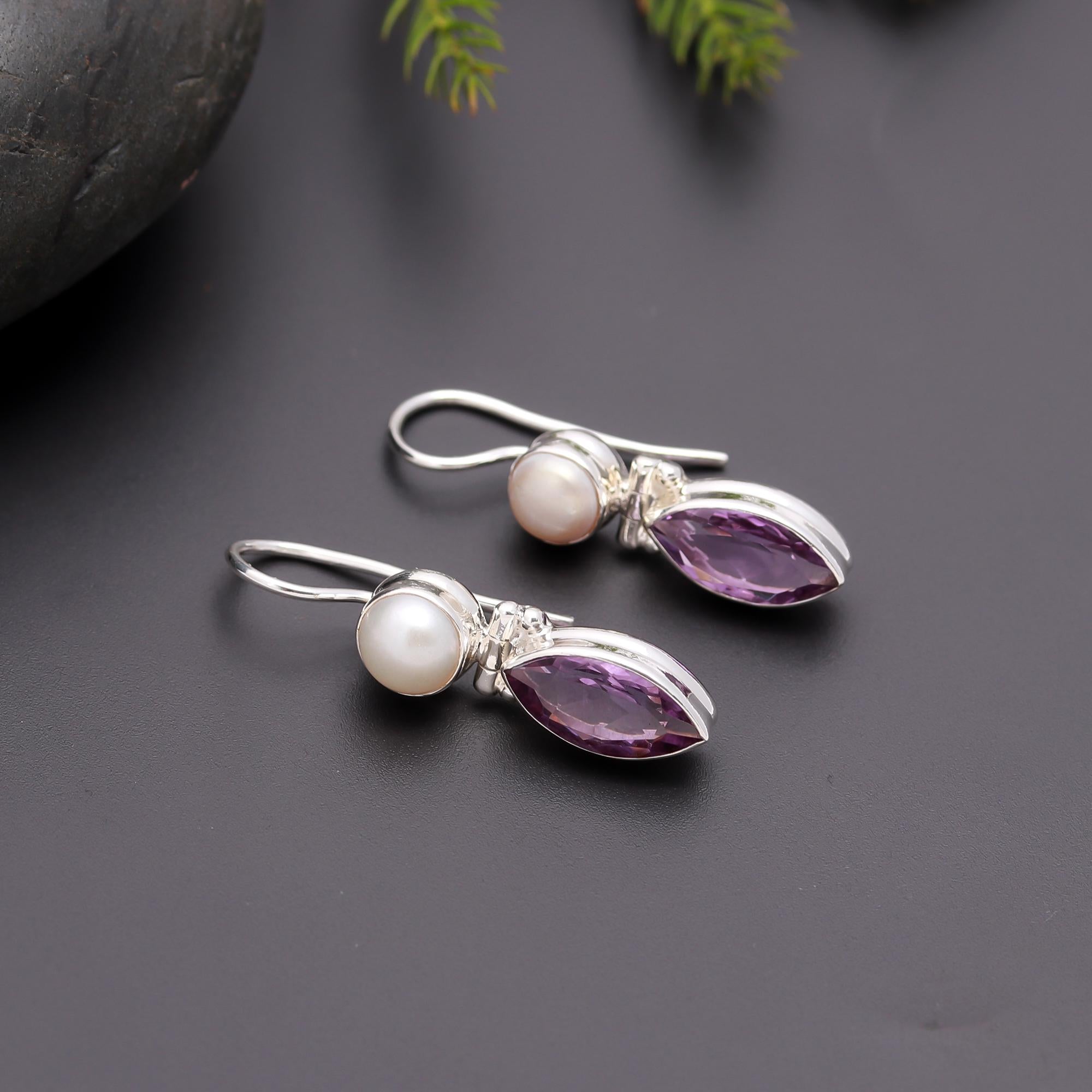 925 Silver Pearl and Amethyst Dangle Earrings