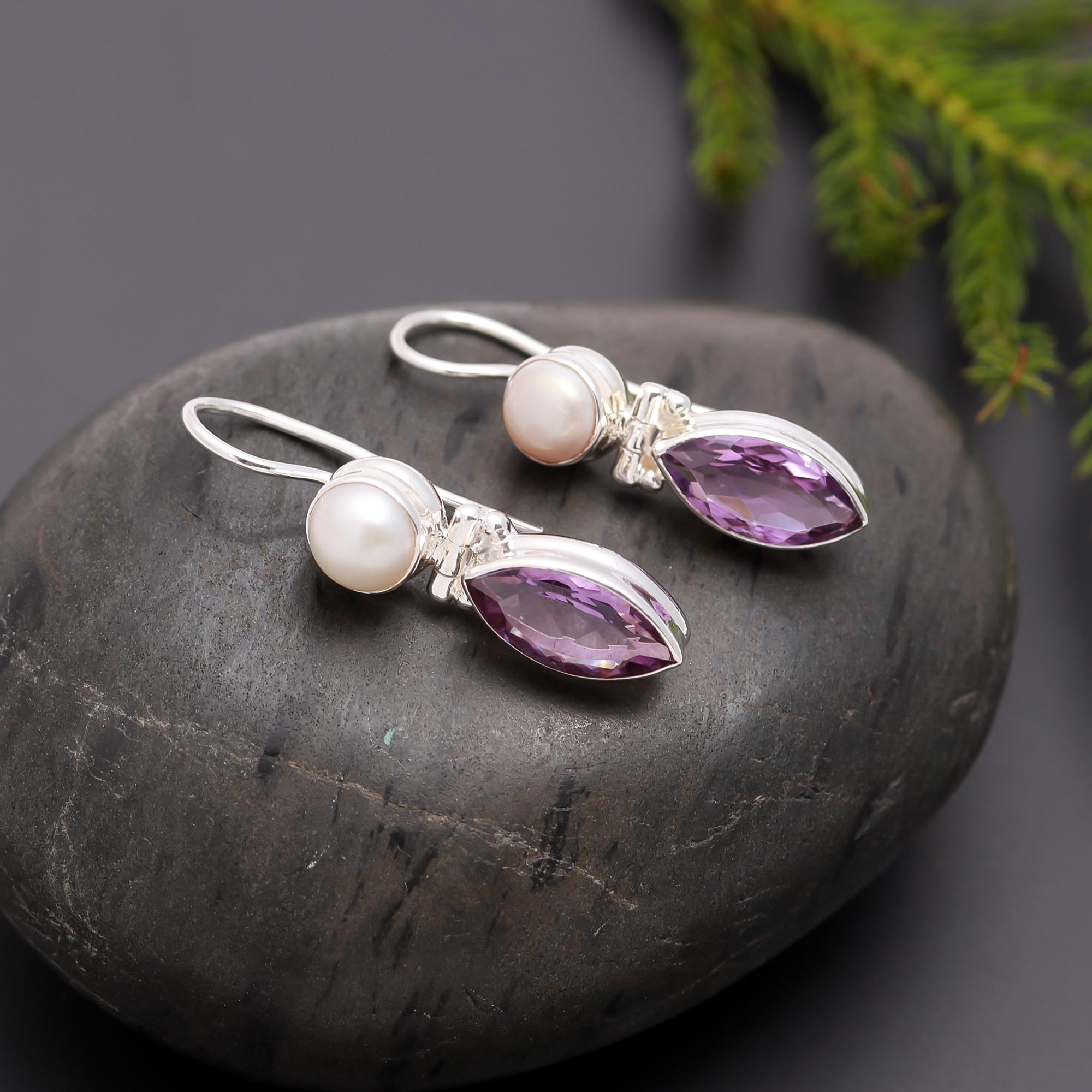 925 Silver Pearl and Amethyst Dangle Earrings