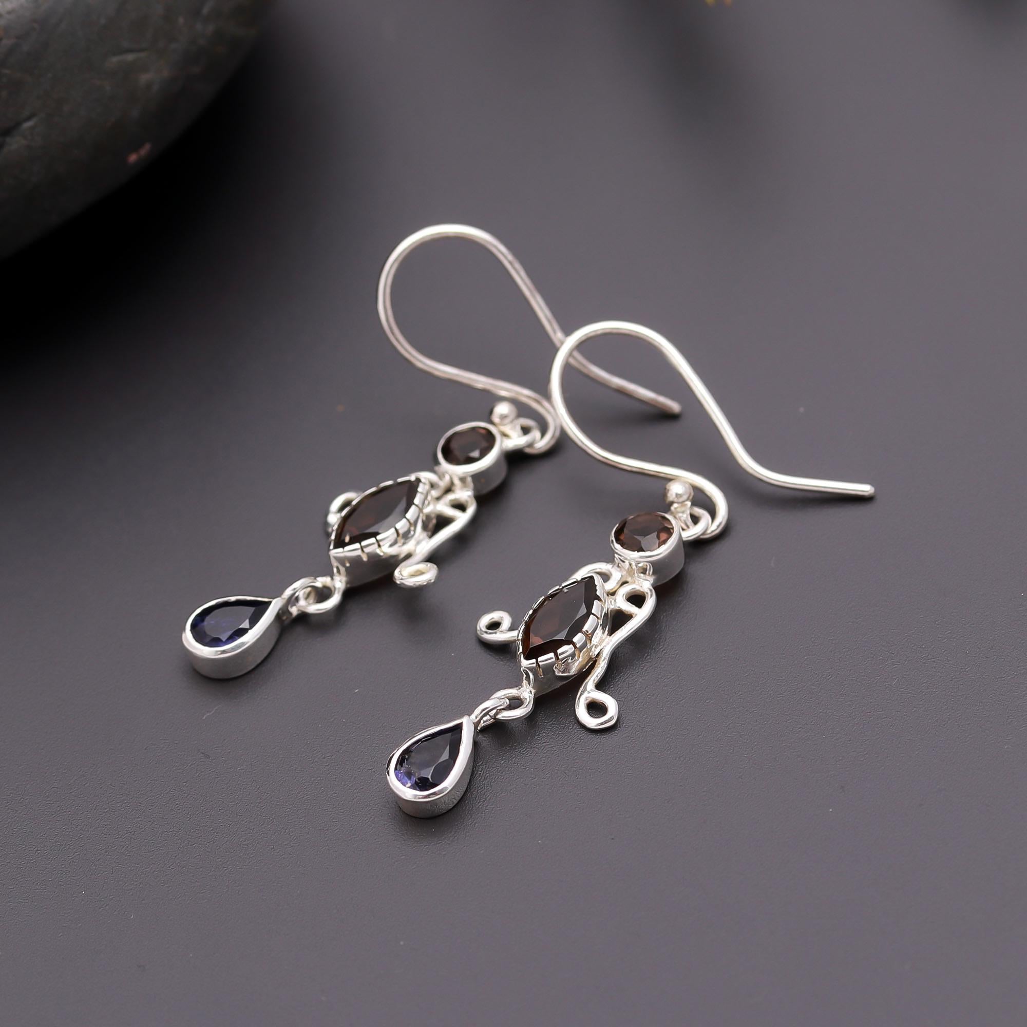 925 Silver Smoky Quartz and Iolite Dangle Earrings