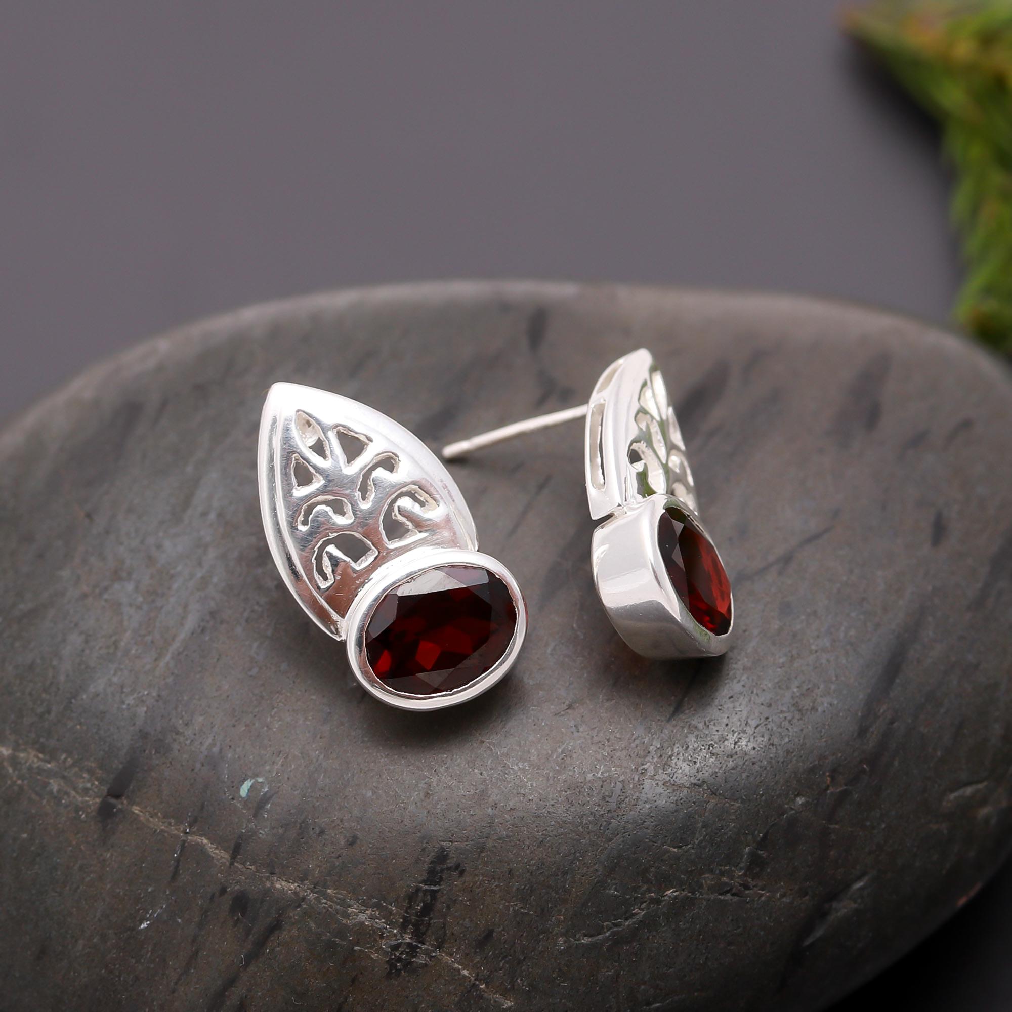925 Silver Garnet Leaf Design Stud Earrings