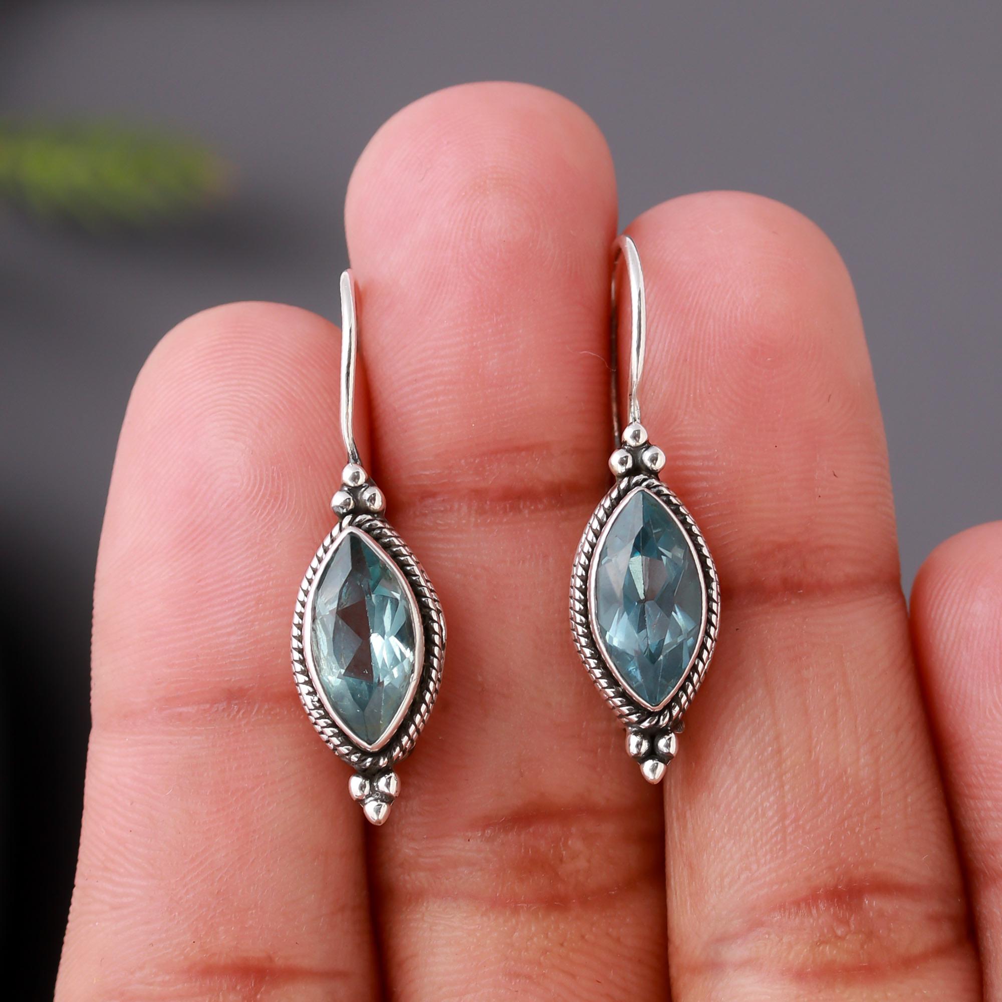 925 Silver Marquise Blue Topaz Dangle Earrings