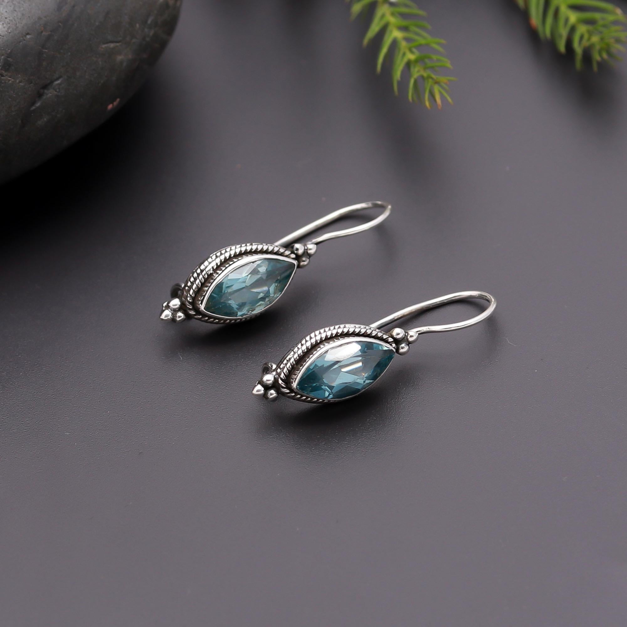 925 Silver Marquise Blue Topaz Dangle Earrings