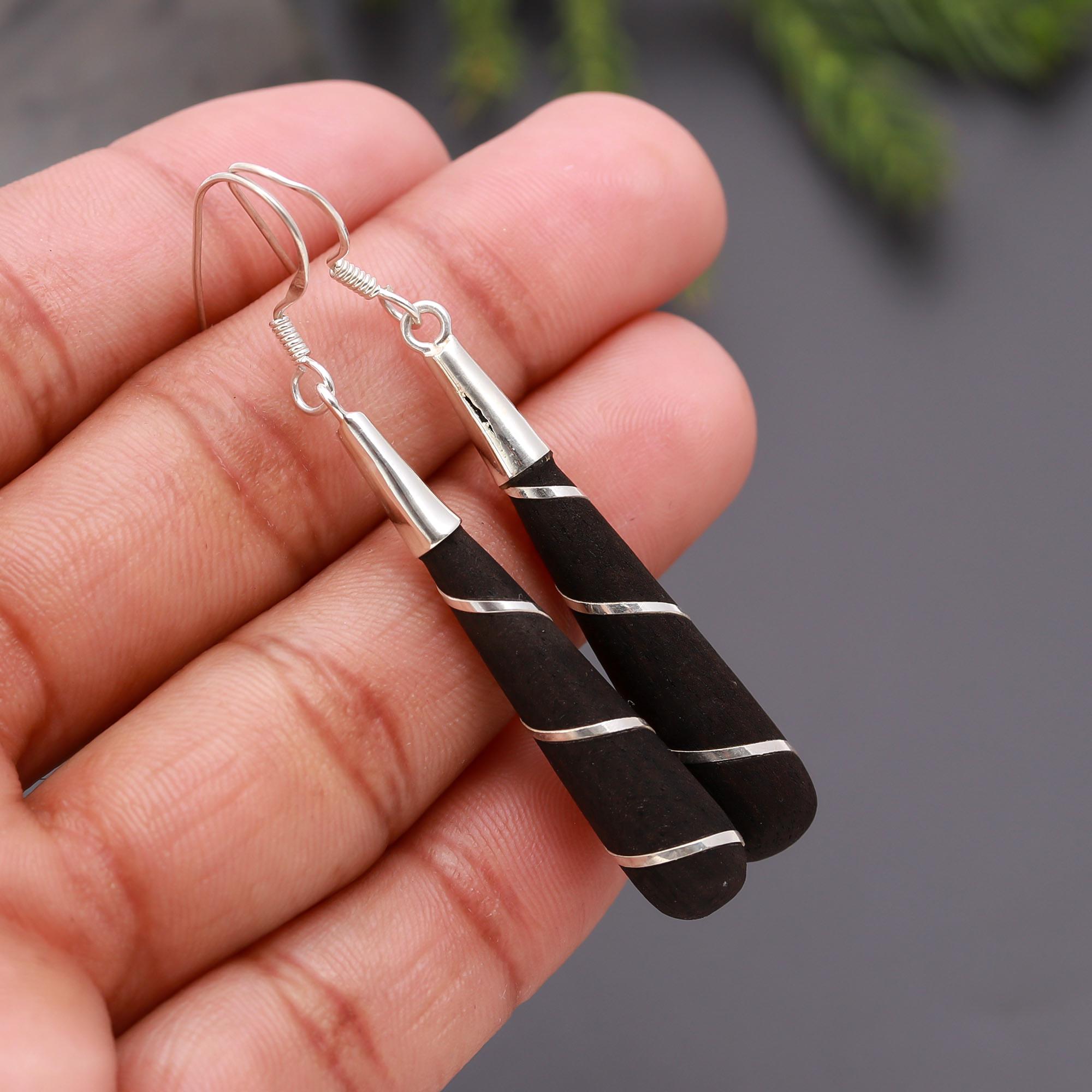 925 Silver and Wood Spiral Cone Dangle Earrings