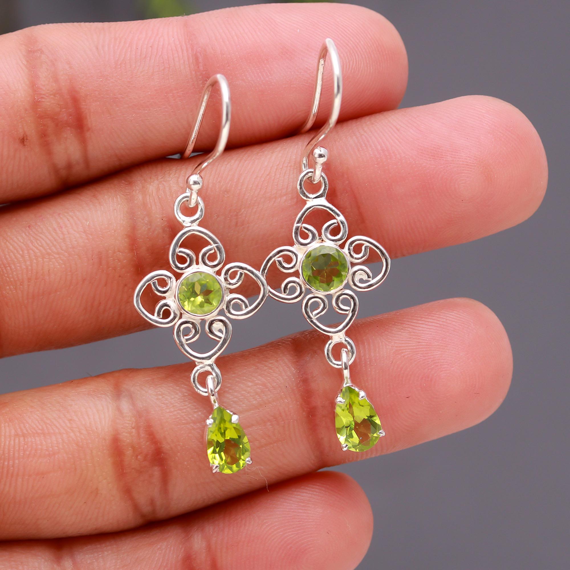 925 Silver Peridot Drop Dangle Earrings