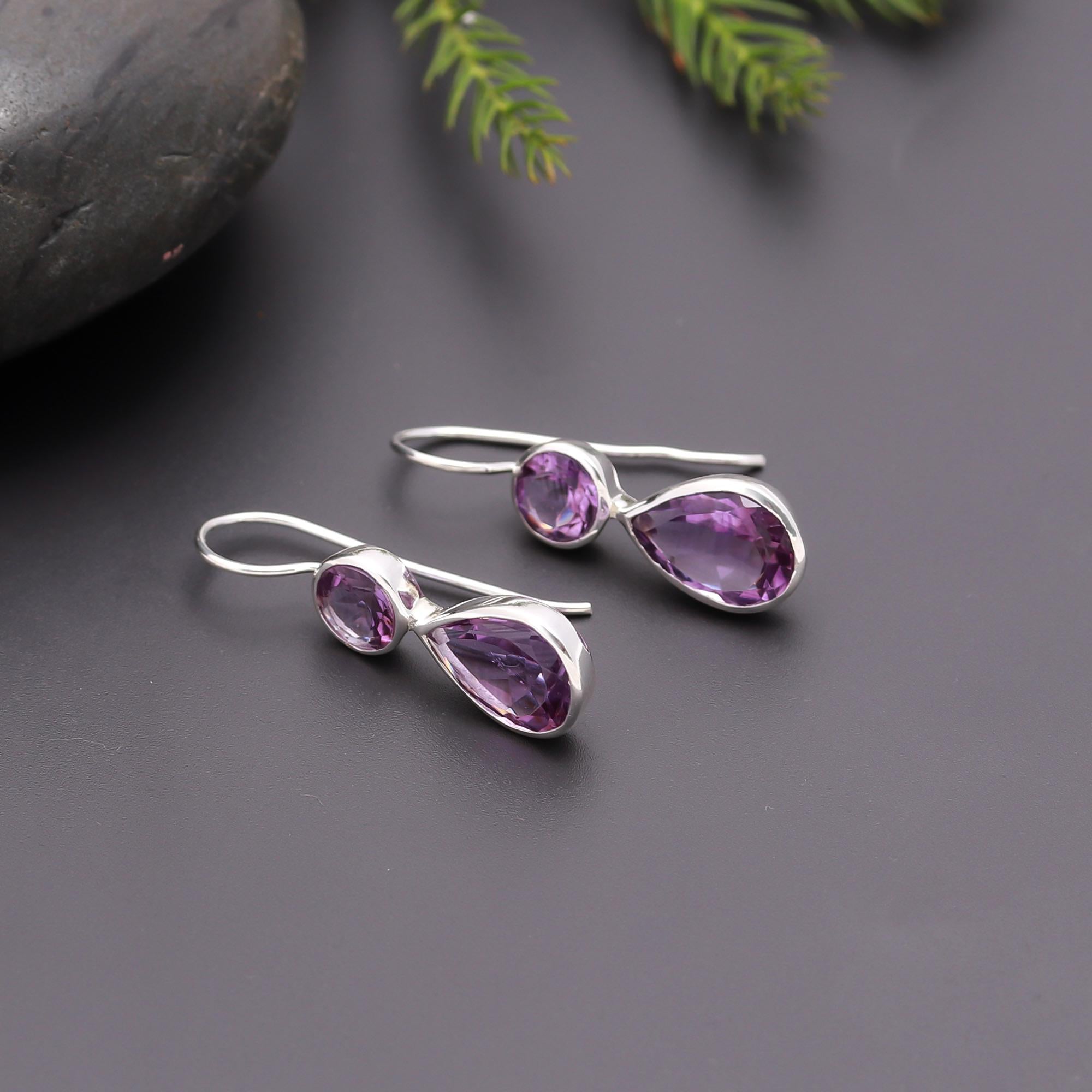 925 Silver Double Amethyst Dangle Earrings
