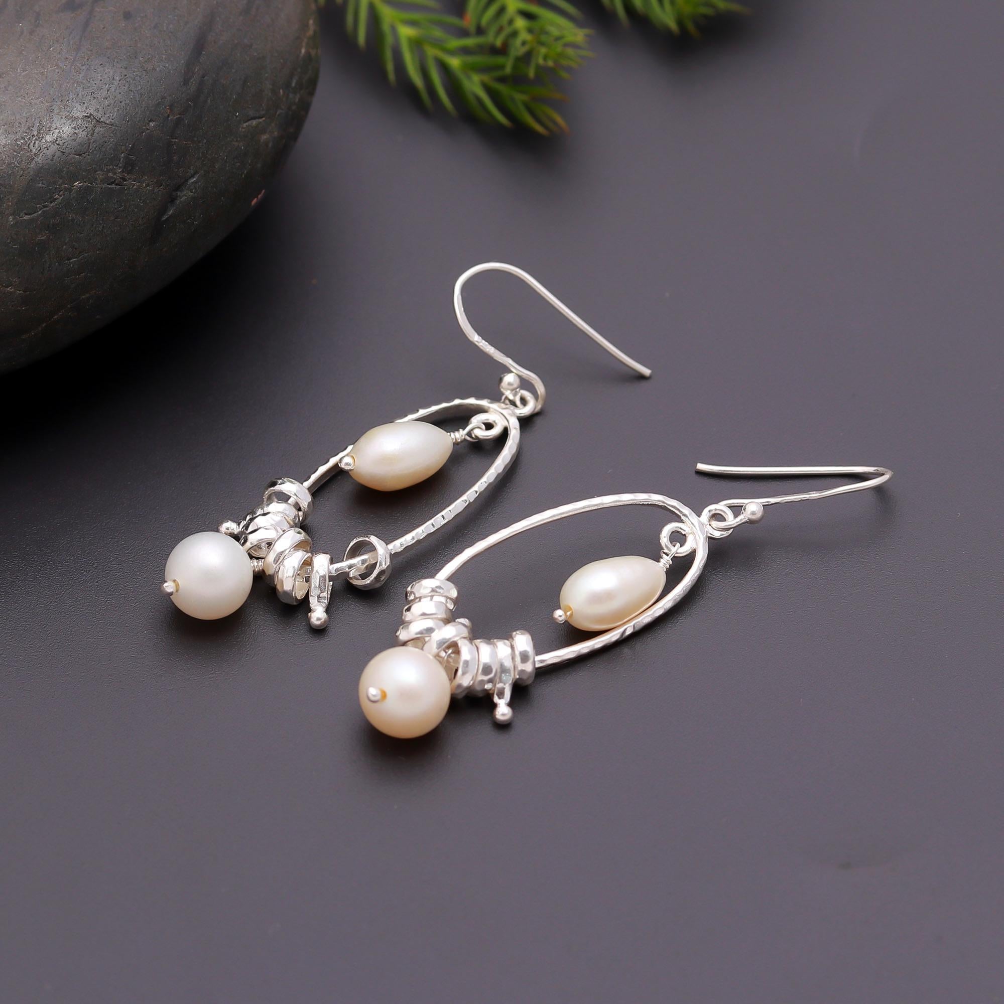 925 Silver Pearl Oval Dangle Earrings