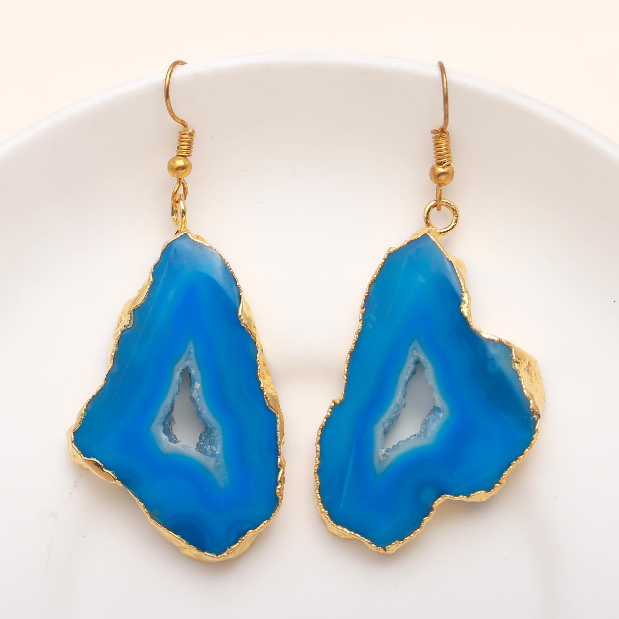 Hypoallergenic Brass Blue Geode Agate Drusy Stud Earrings