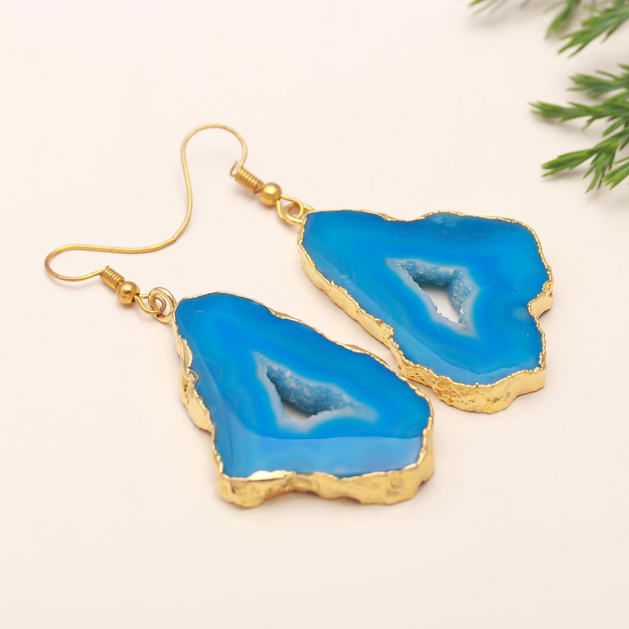 925 Silver Blue Agate Slice Dangle Earrings