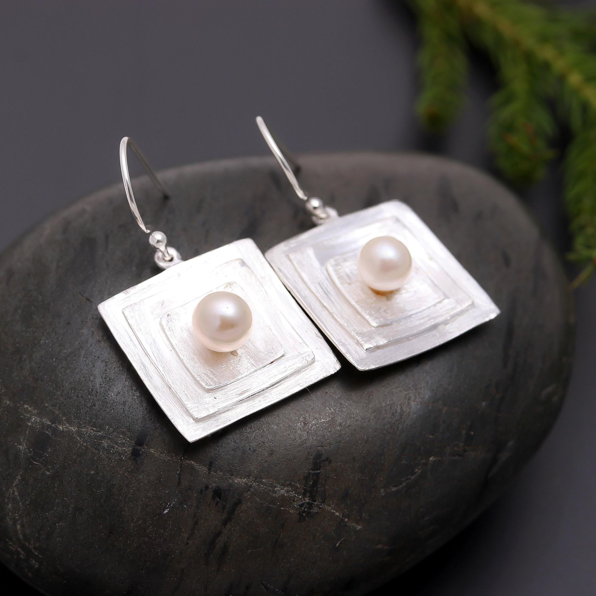 925 Silver Textured Square Pearl Dangle Earrings