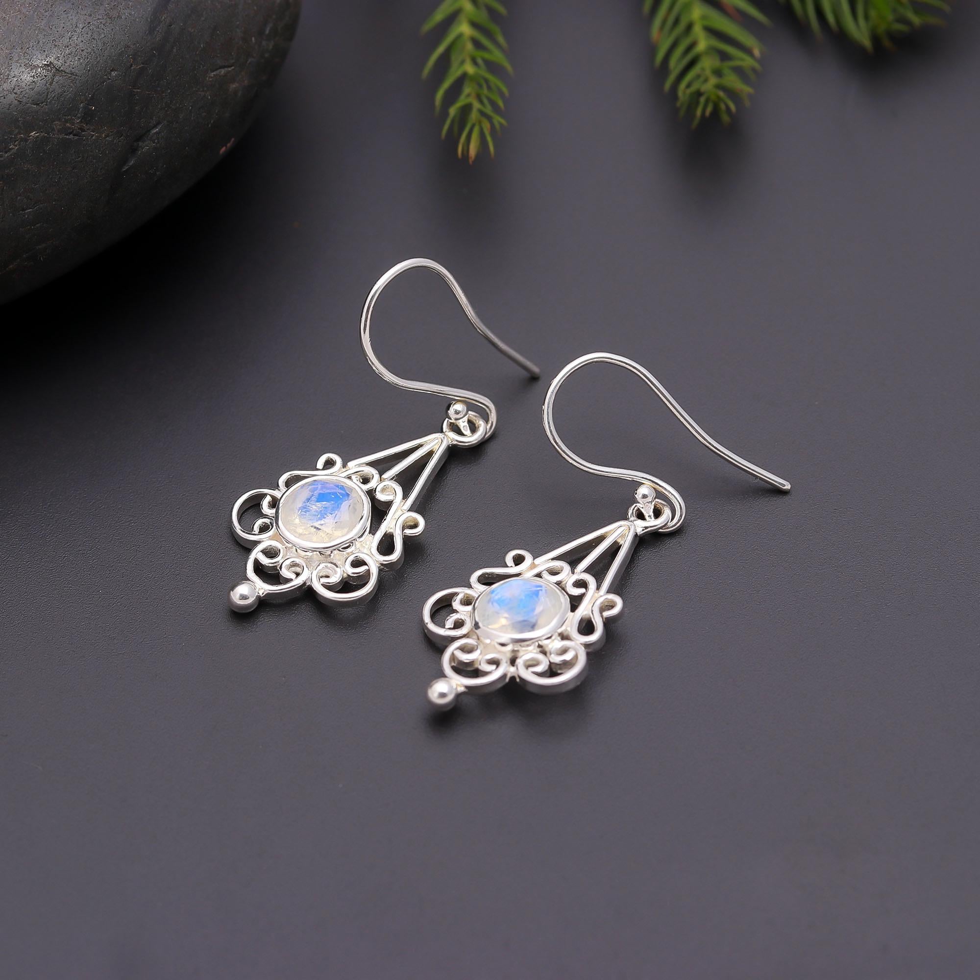 925 Silver Filigree Moonstone Dangle Earrings