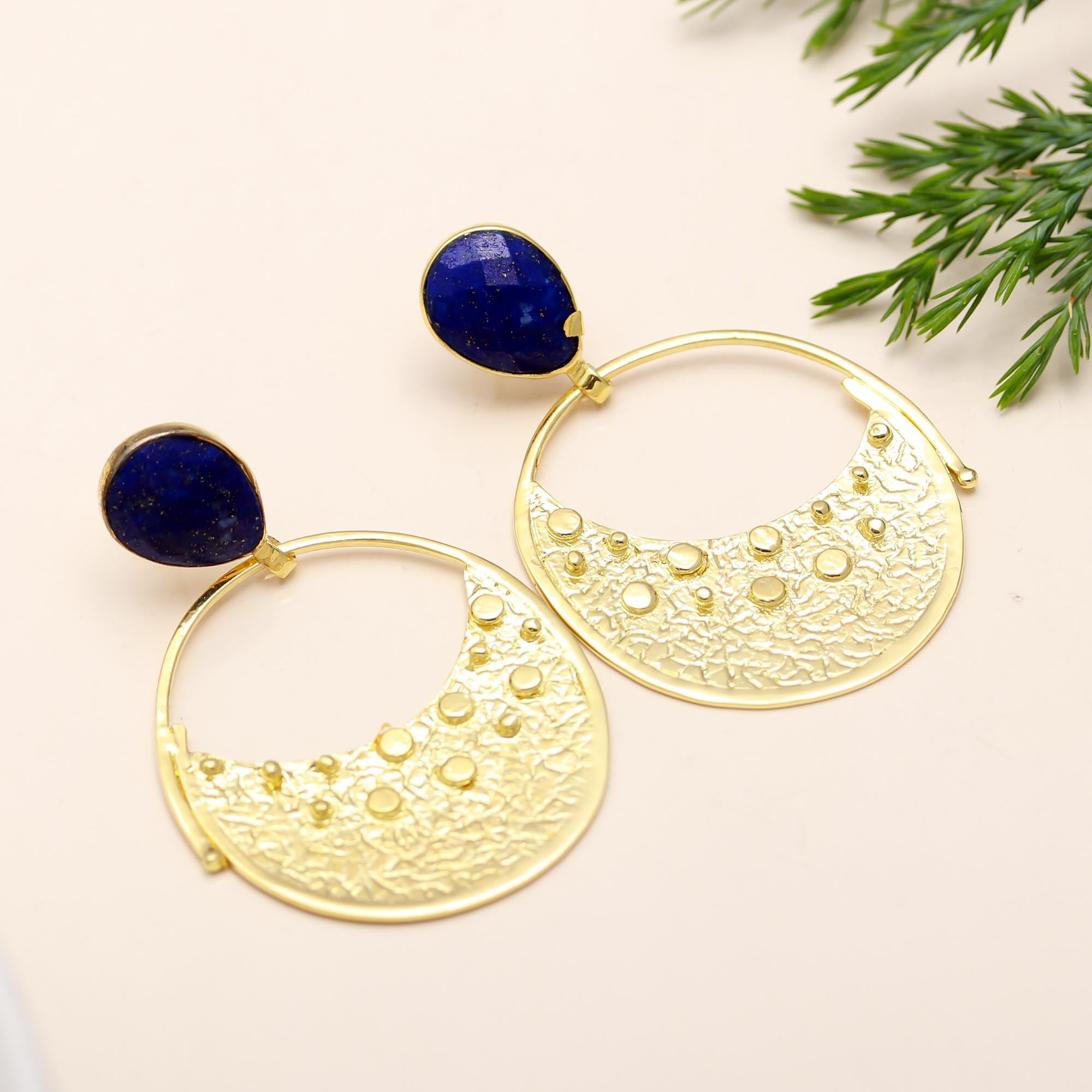 Lapis Stud Earrings in Brass  Handmade