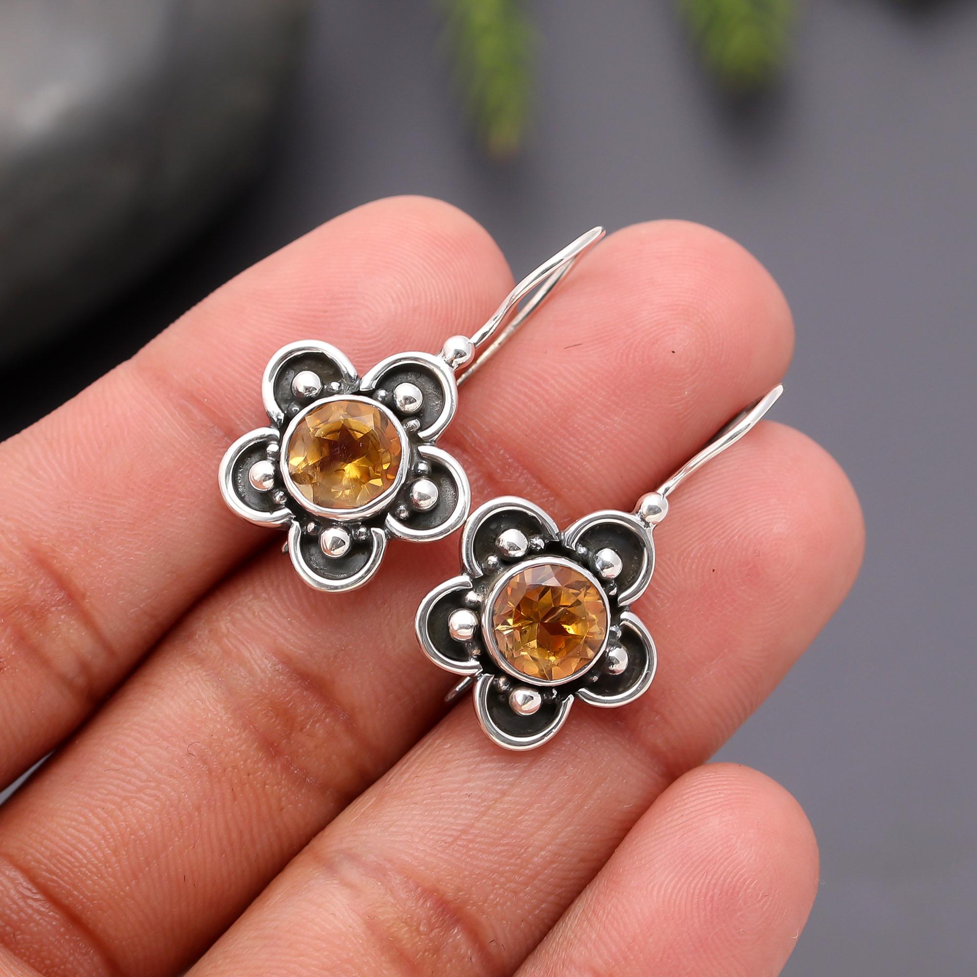 925 Silver Citrine Floral Dangle Earrings