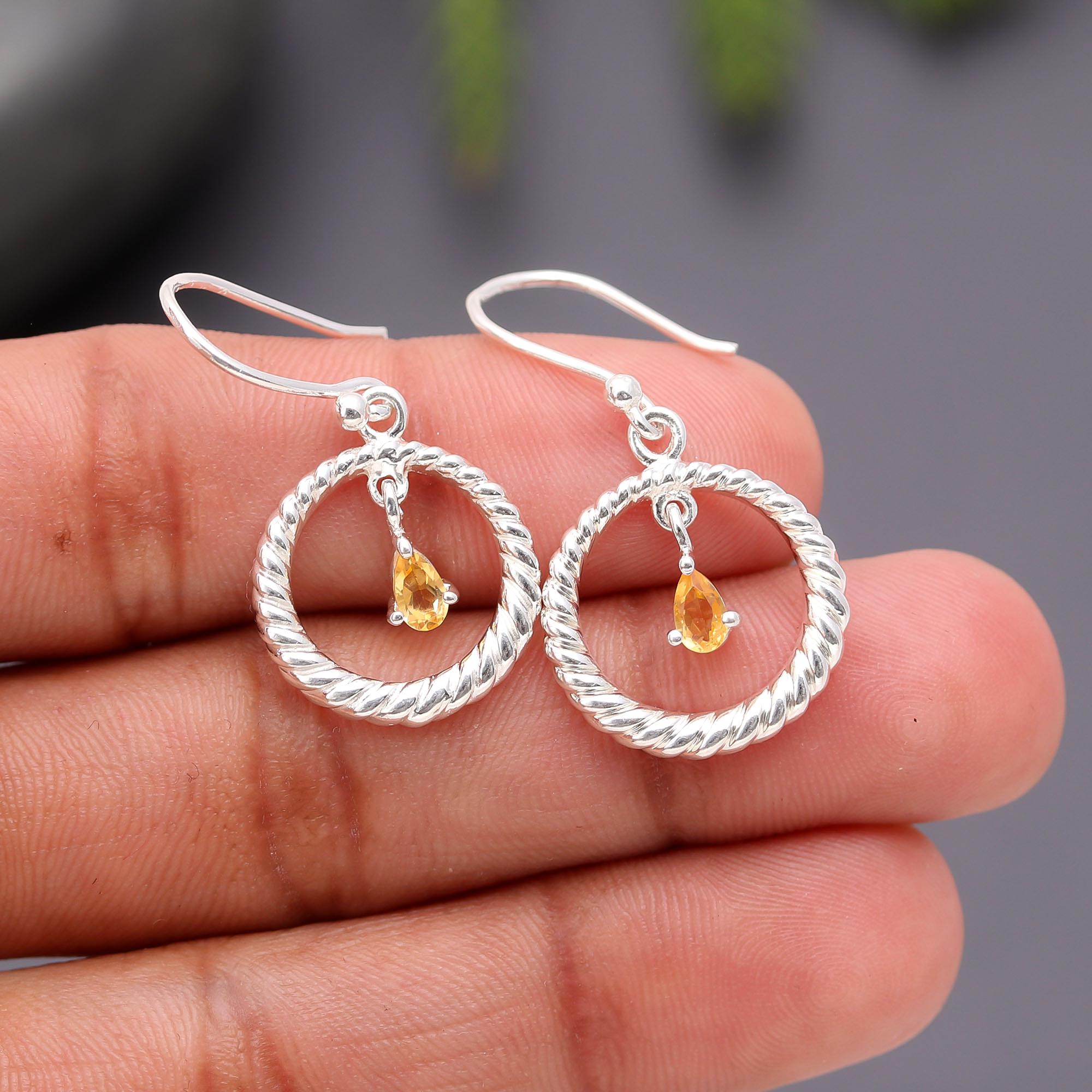 925 Silver Twisted Hoop Citrine Dangle Earrings