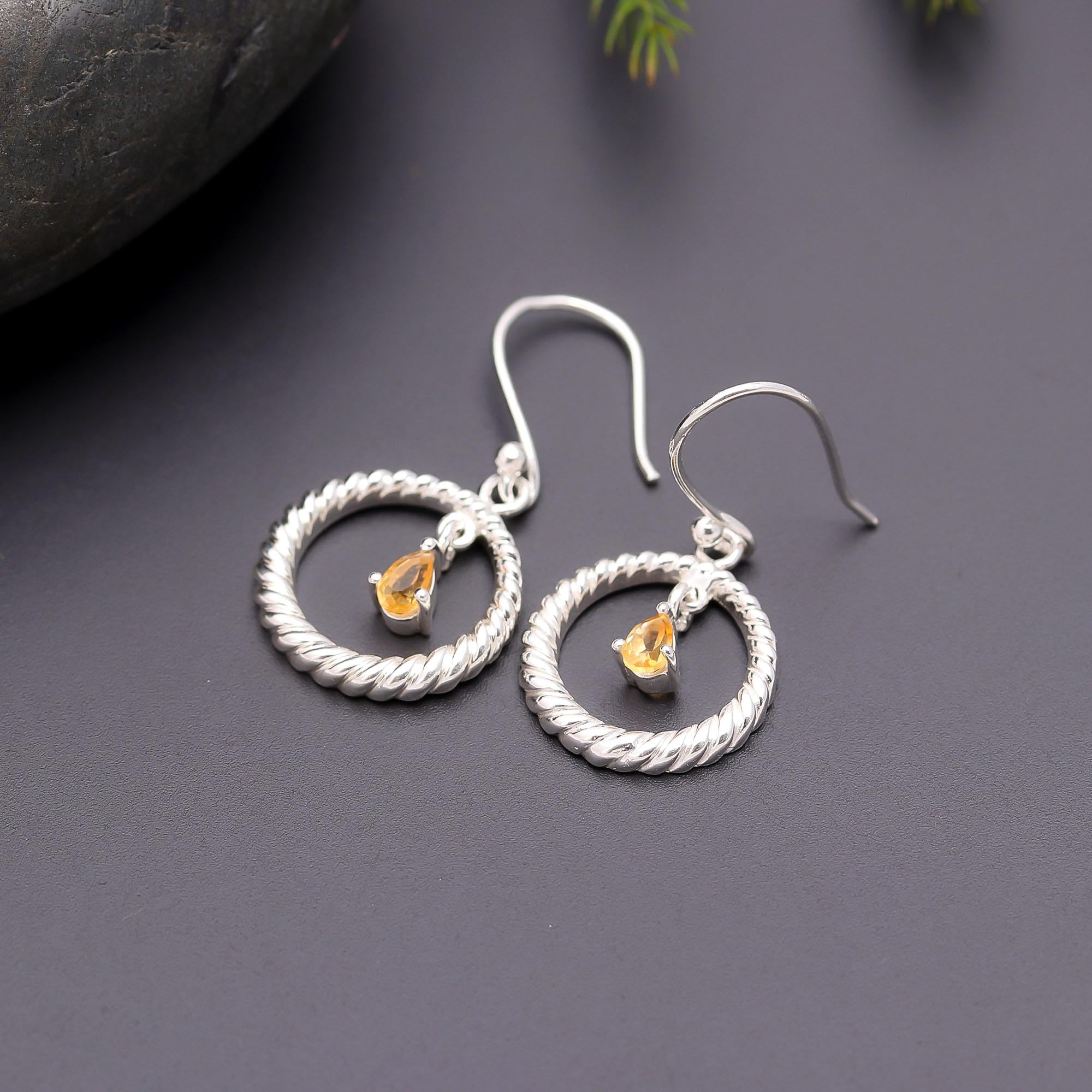 925 Silver Twisted Hoop Citrine Dangle Earrings