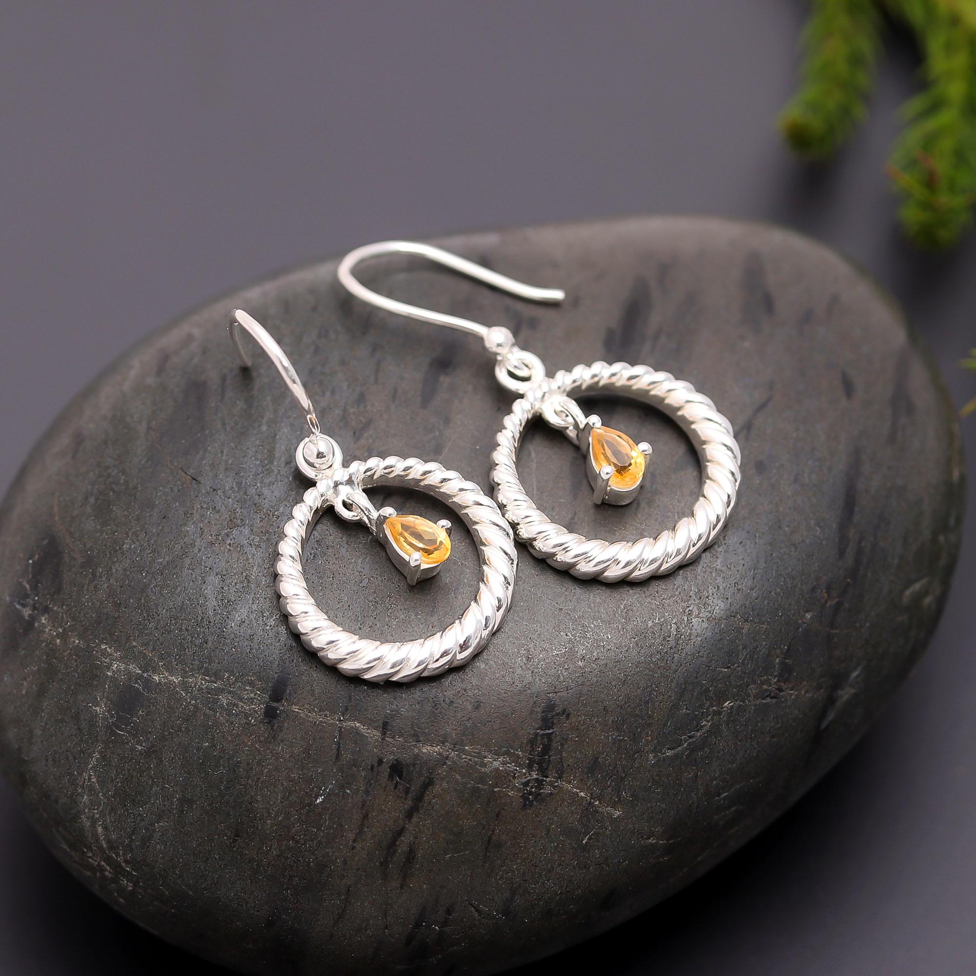 925 Silver Twisted Hoop Citrine Dangle Earrings