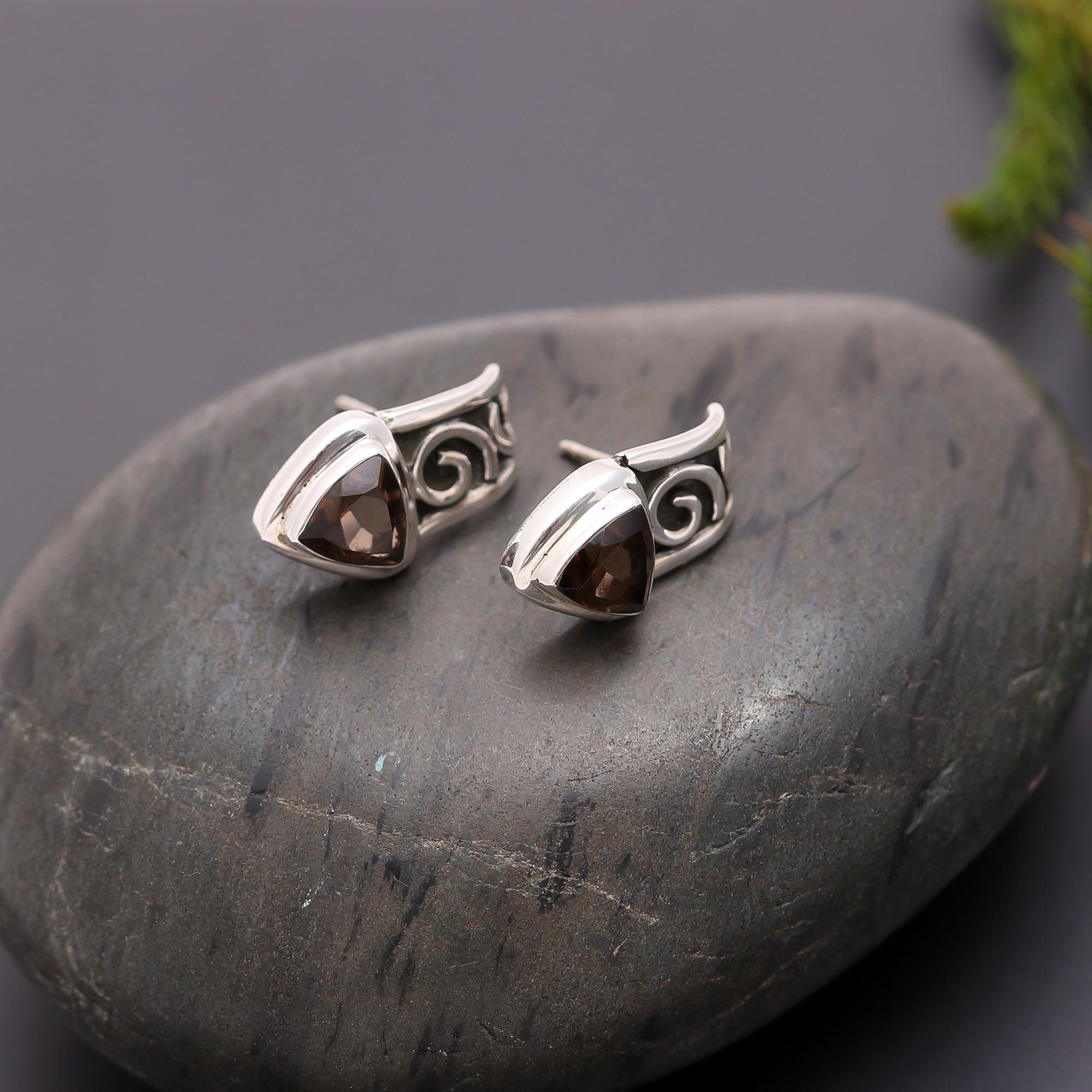 925 Silver Smoky Quartz Swirl Stud Earrings