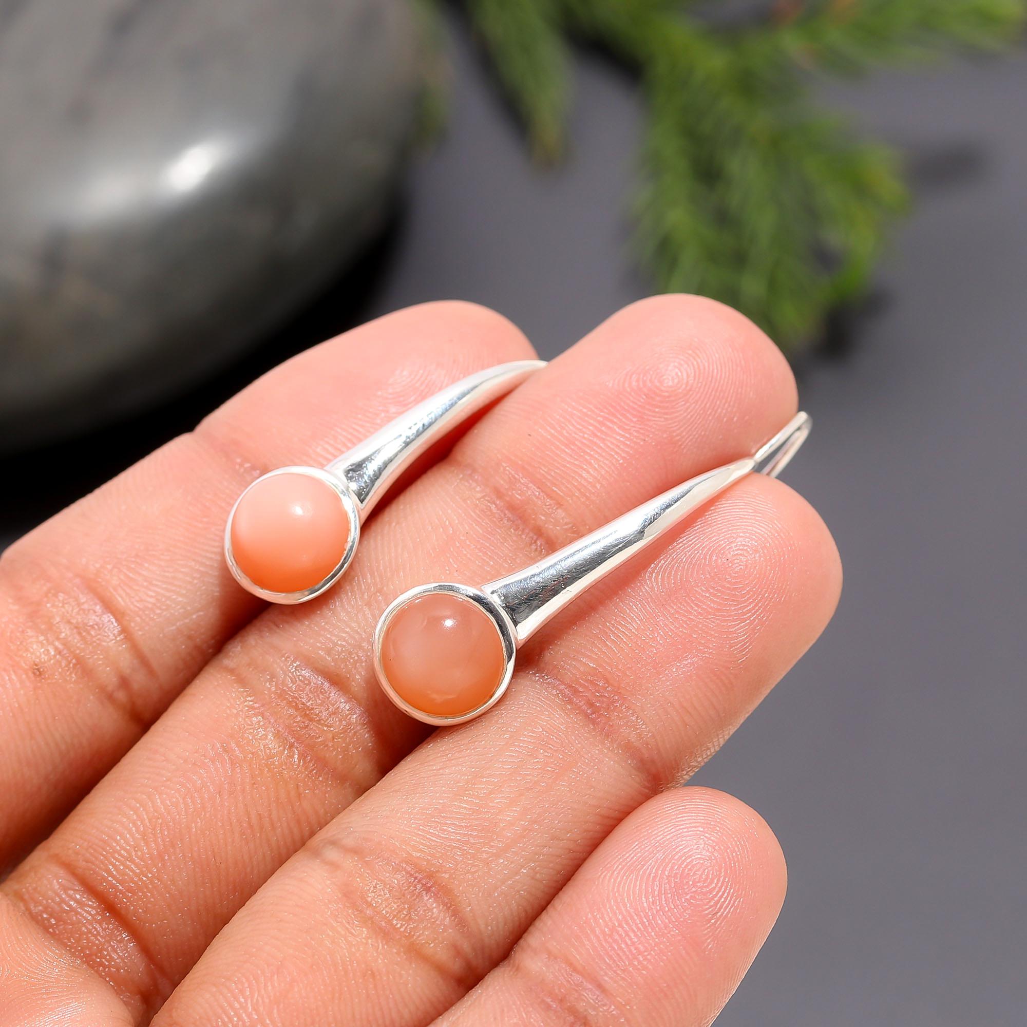 925 Silver Orange Moonstone Hook Earrings