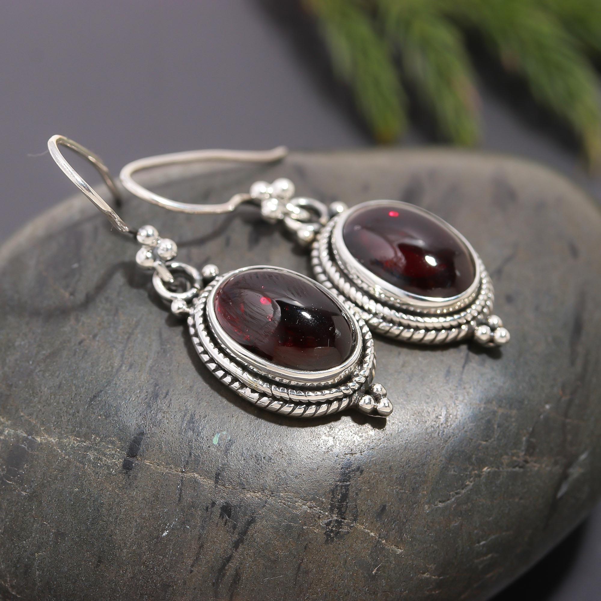 925 Silver Oval Garnet Dangle Earrings