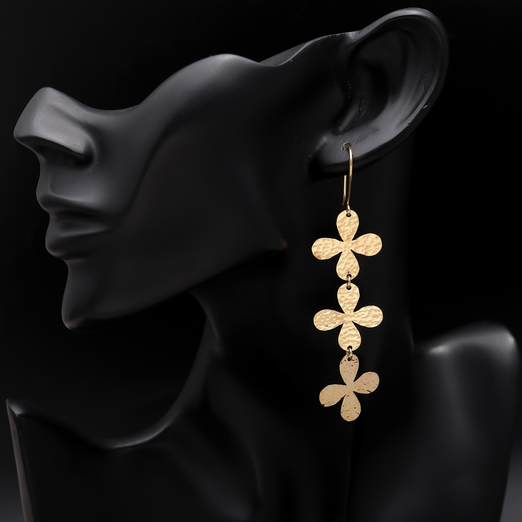 Designer Brass Hammered Floral Dangle Earrings