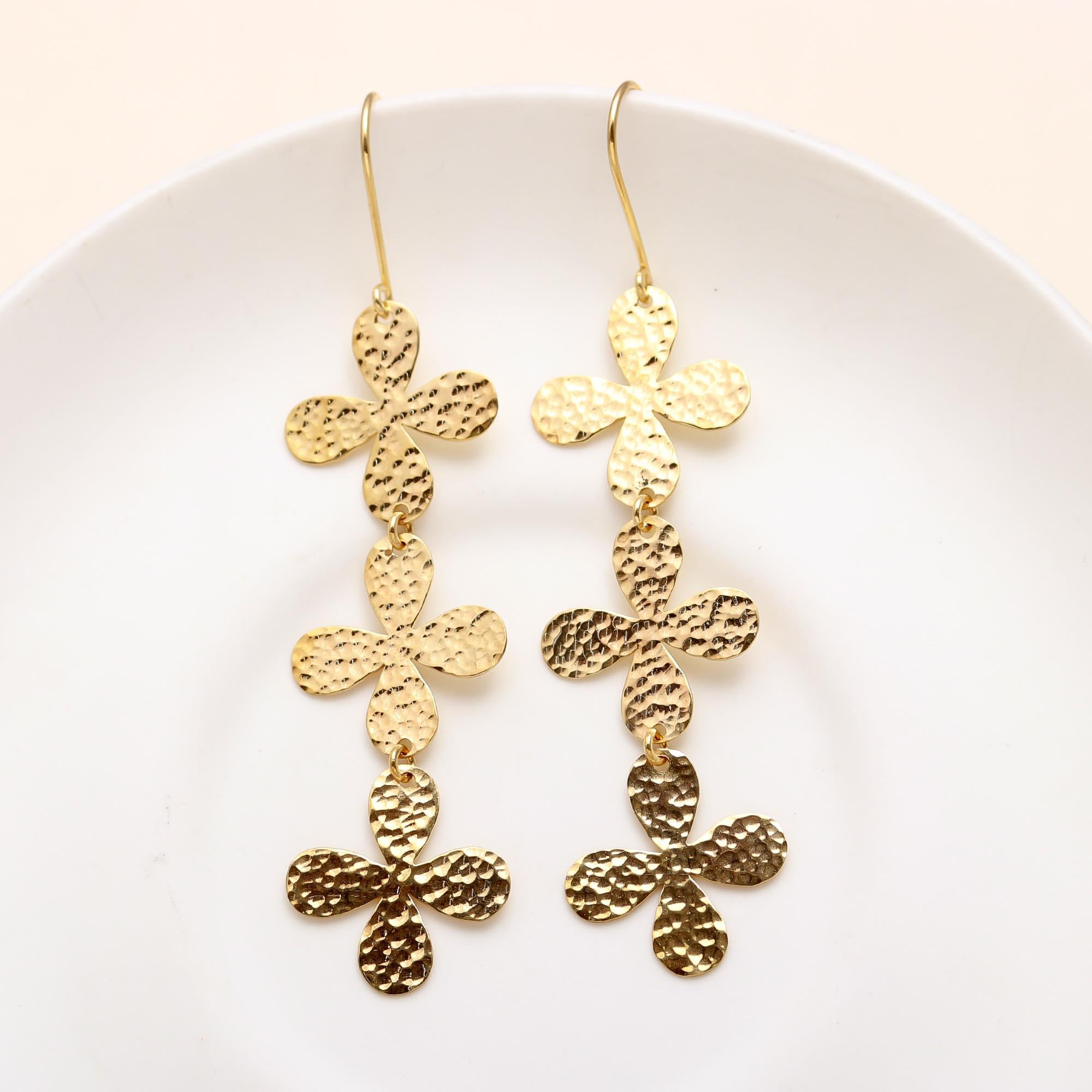 Designer Brass Hammered Floral Dangle Earrings