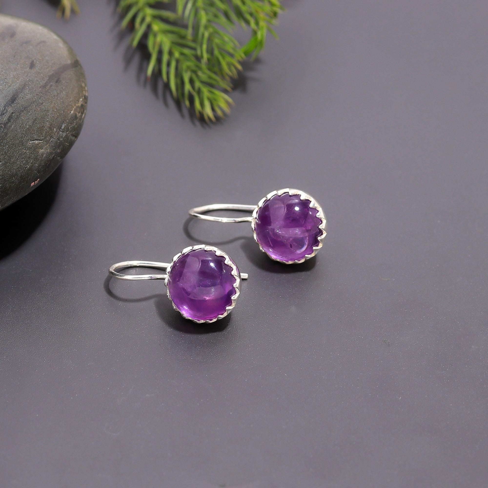 925 Silver Round Amethyst Dangle Earrings