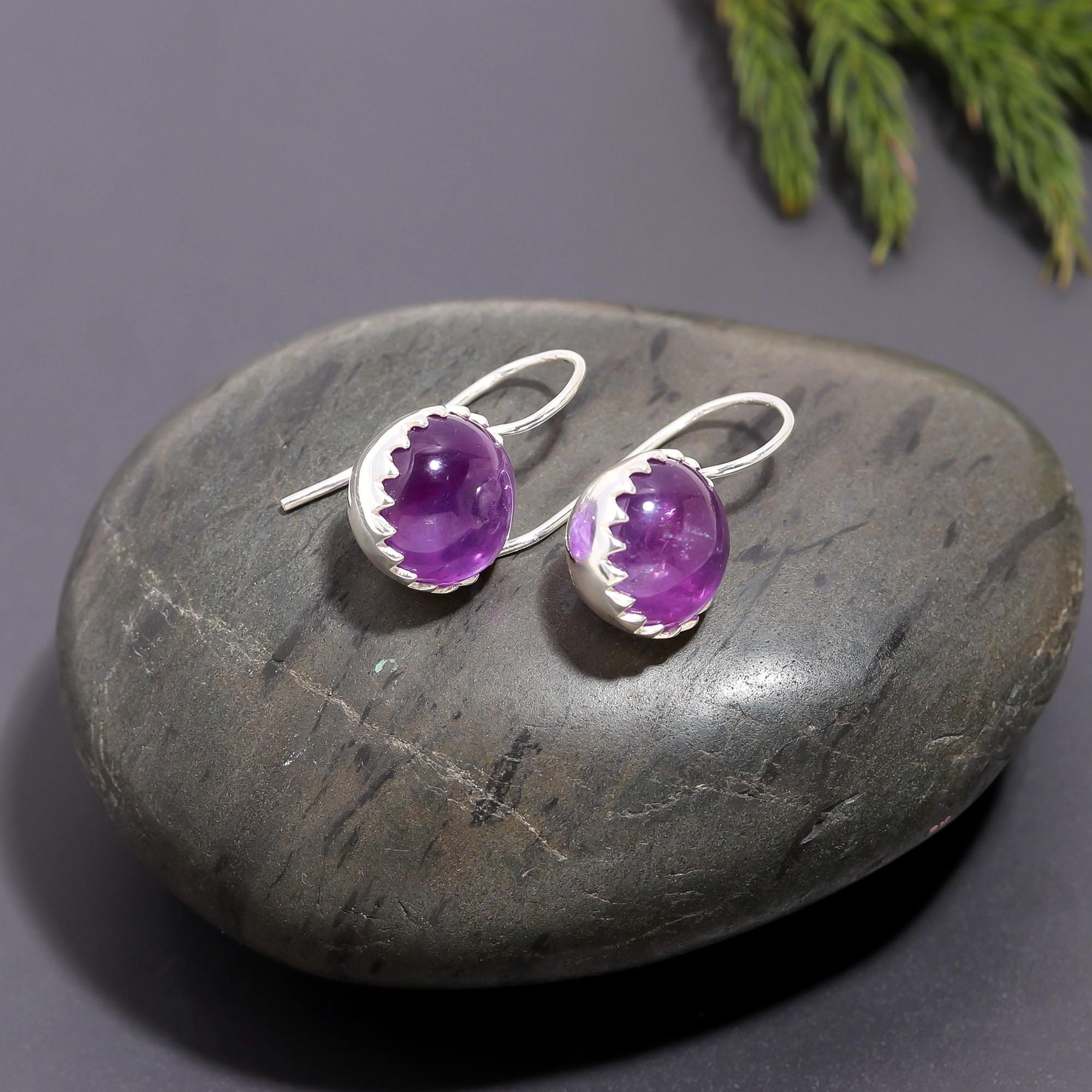 925 Silver Round Amethyst Dangle Earrings