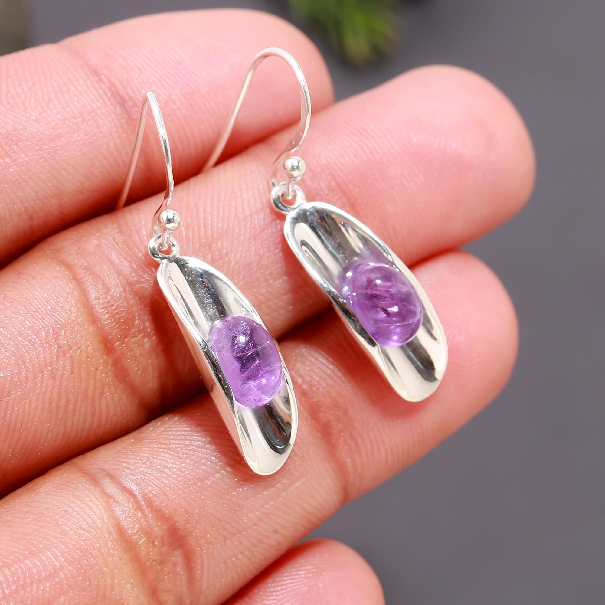 925 Silver Elongated Amethyst Dangle Earrings