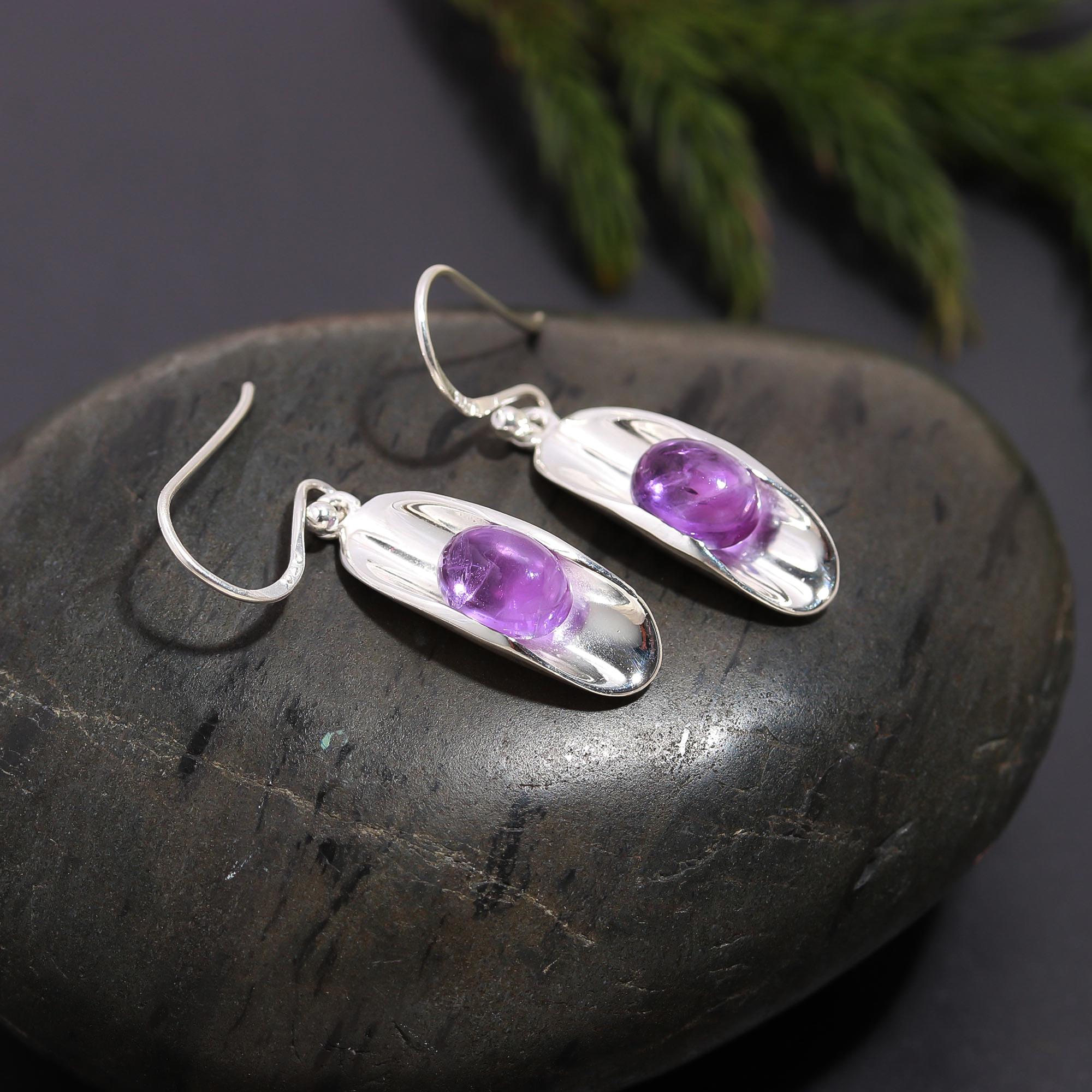 925 Silver Elongated Amethyst Dangle Earrings