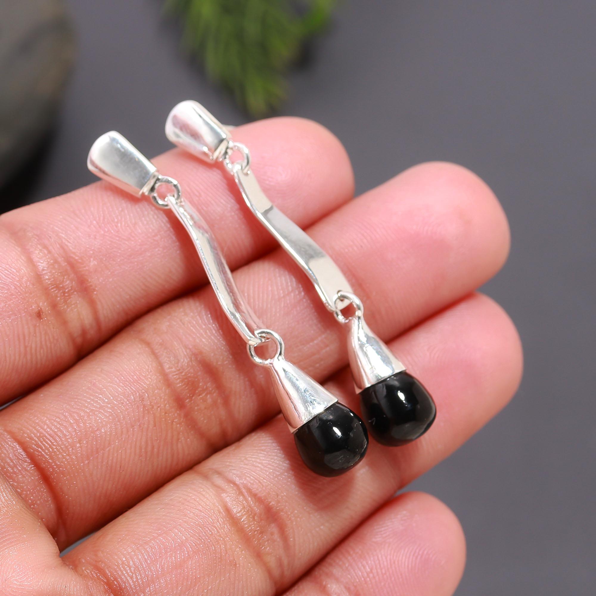 925 Silver Long Black Onyx Drop Earrings