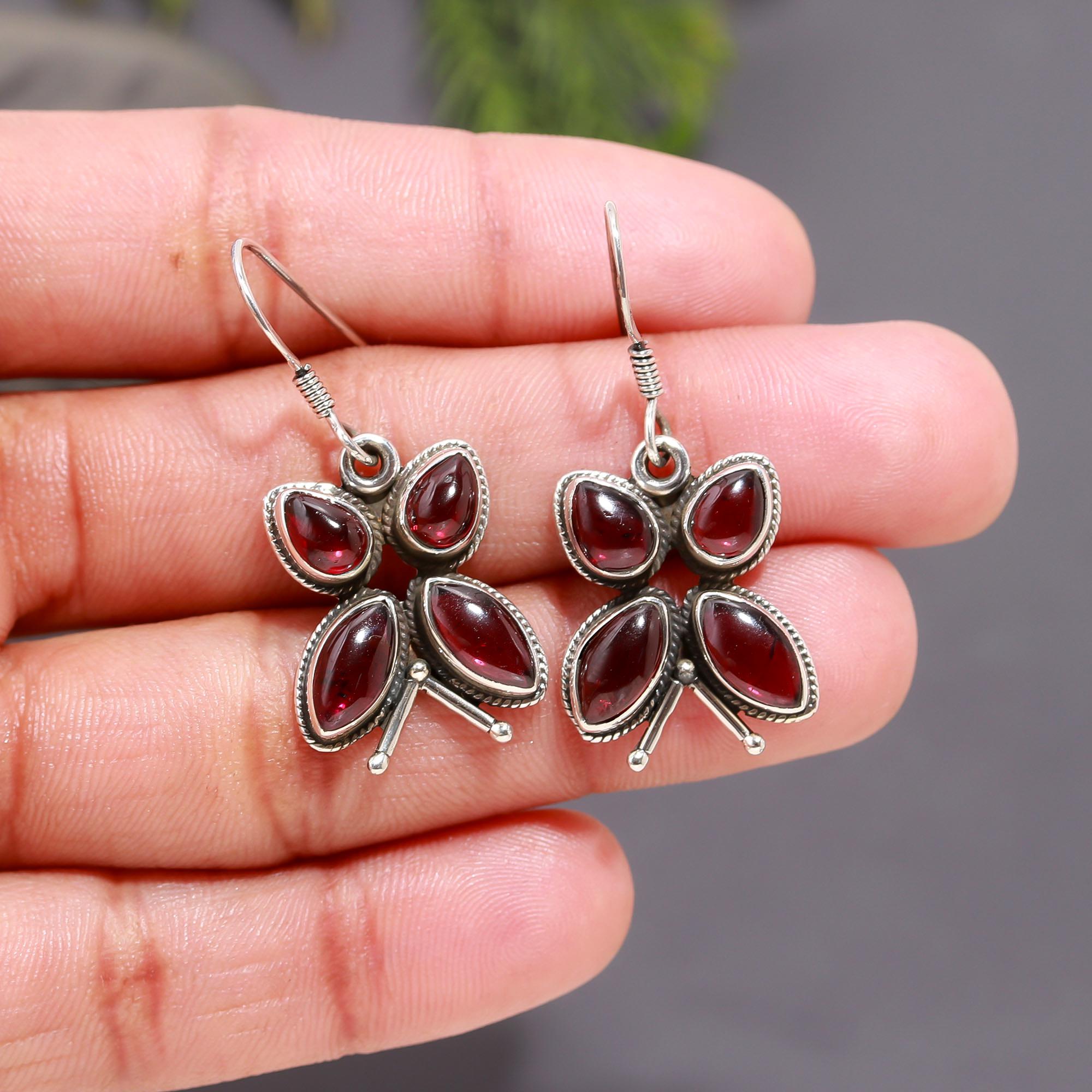 925 Silver Garnet Butterfly Dangle Earrings